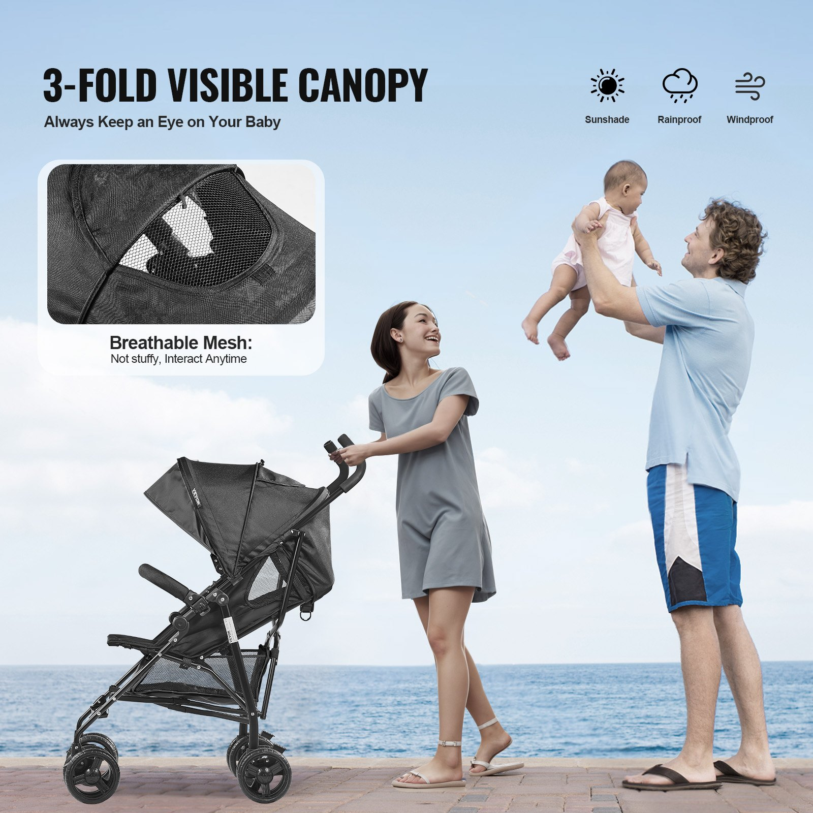 Lightweight Stroller Compact Easy Fold Adjustable Backrest Black Storage