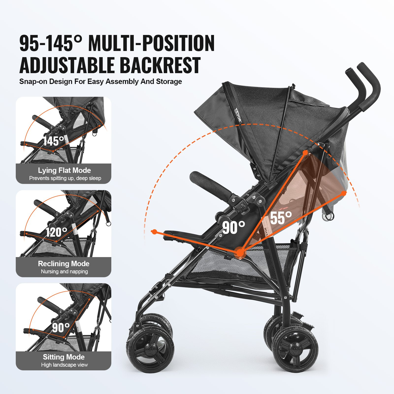 Lightweight Stroller Compact Easy Fold Adjustable Backrest Black Storage