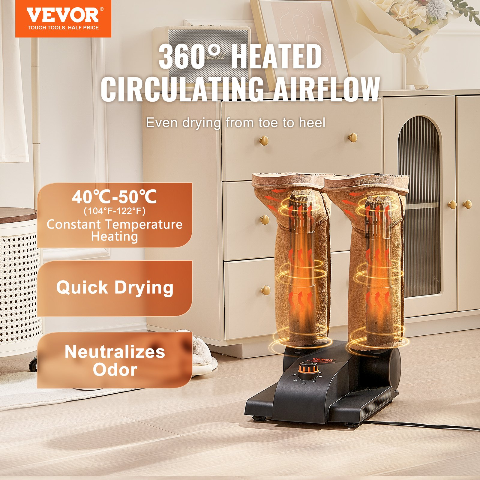 VEVOR 180° Foldable 2-Tube Shoe and Boot Dryer with Heat Blower in Black and Orange, Fast Drying and Compact Design