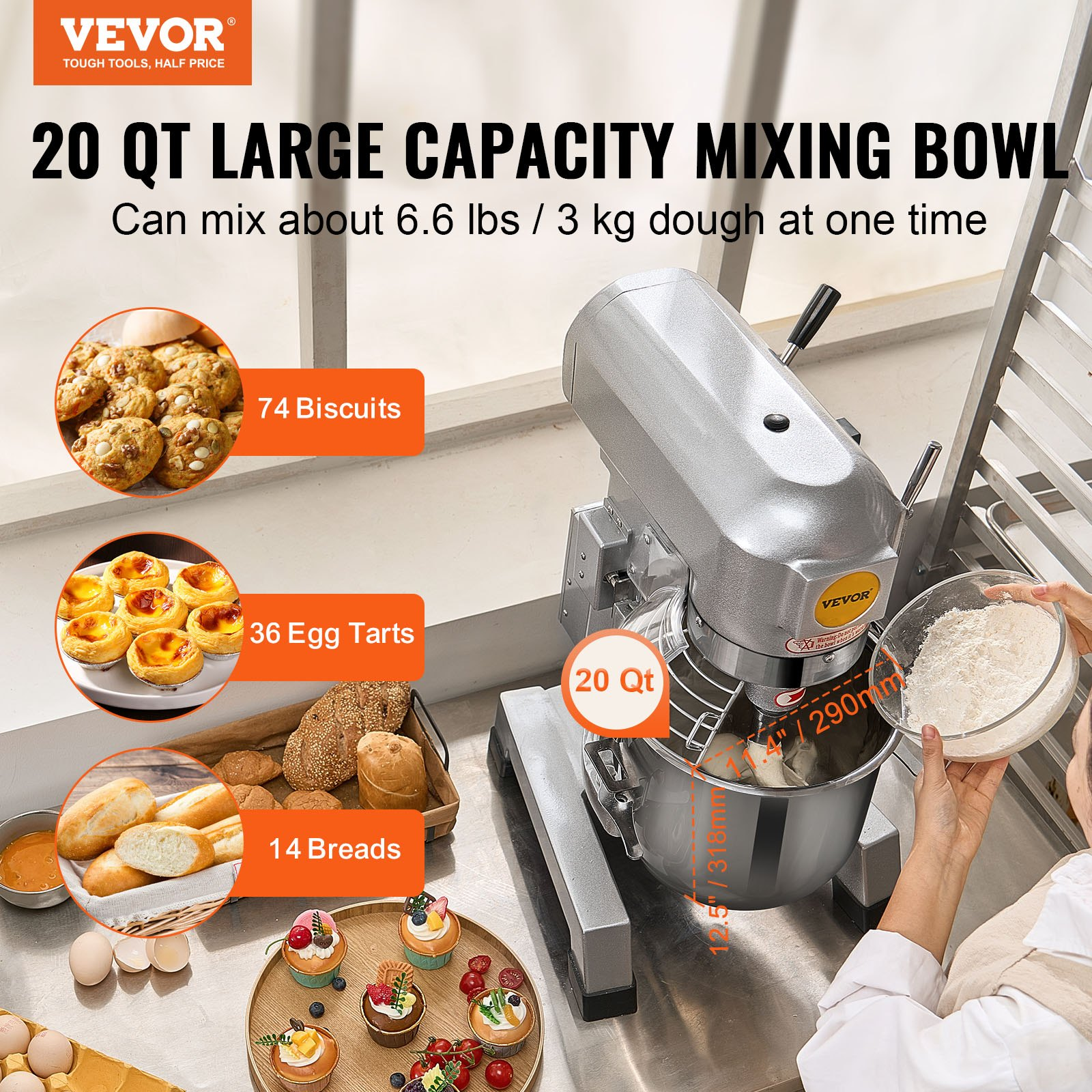 Commercial Stand Mixer 18.7L 1100W 3 Speed Dough Mixer Stainless Bowl
