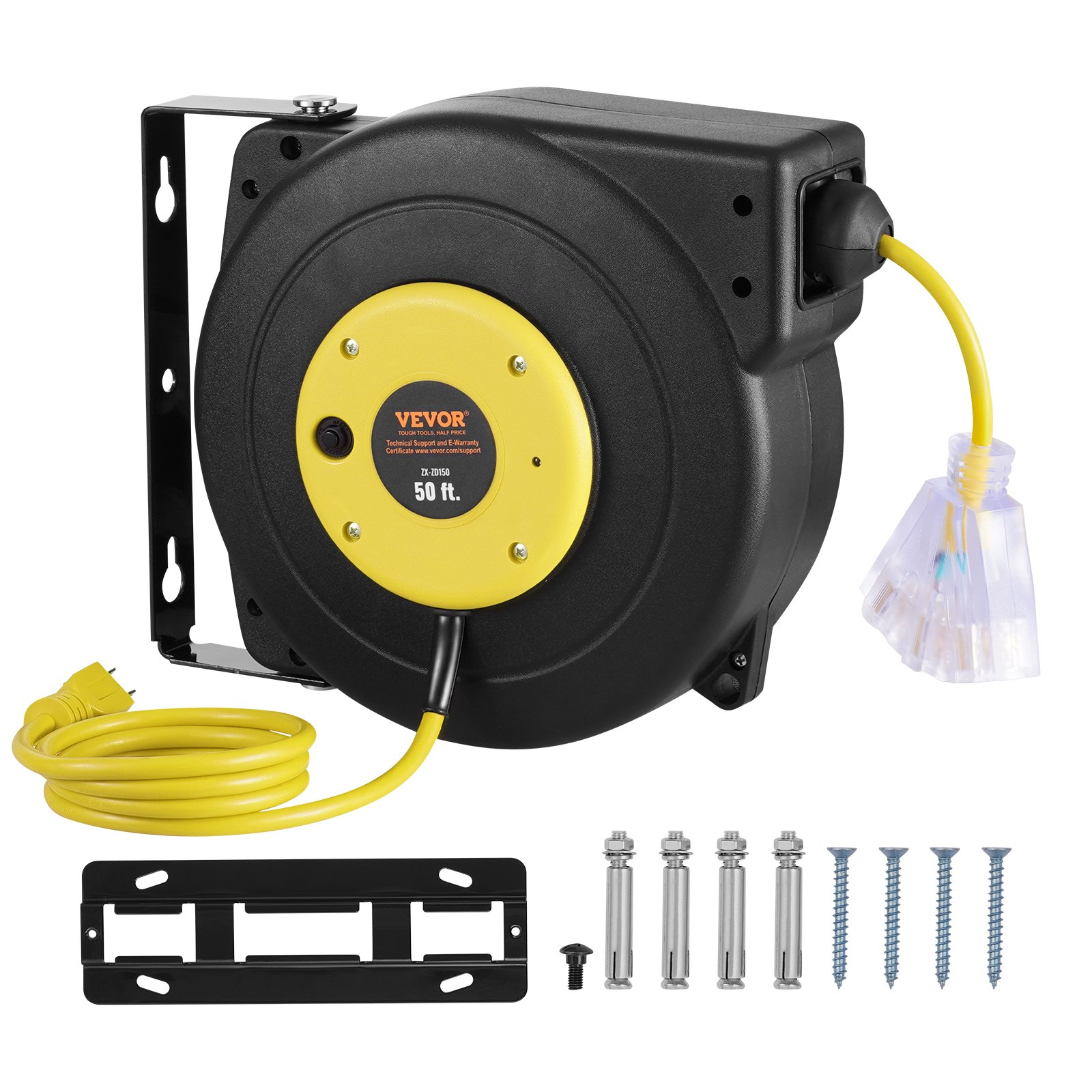 Retractable Extension Cord Reel 50FT – Heavy Duty 14AWG, Triple Outlet, VEVOR