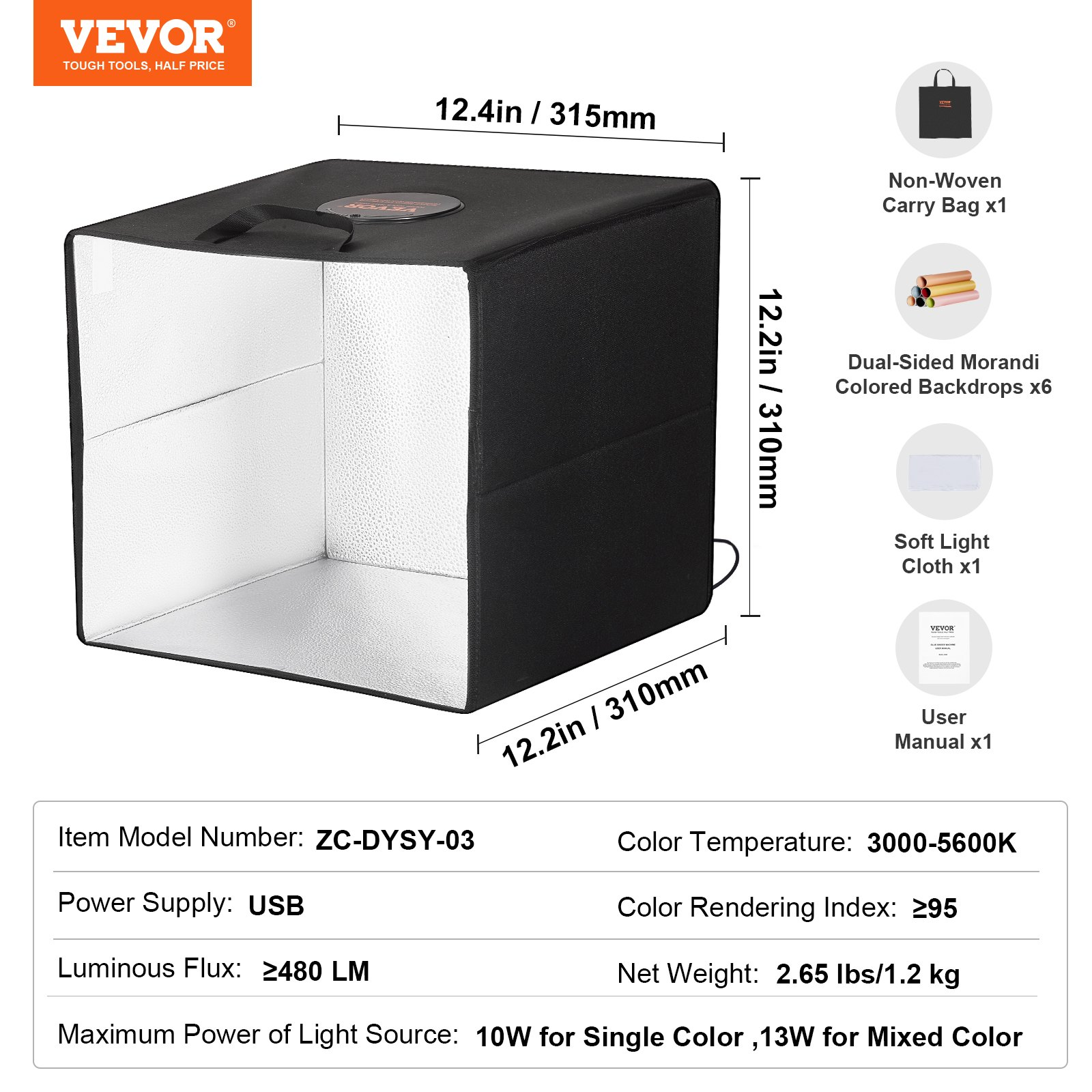 VEVOR 12" x 12" Photo Studio Light Box 3000-5600K 6 Double-Sided Color Backdrops - Picture 6 of 10