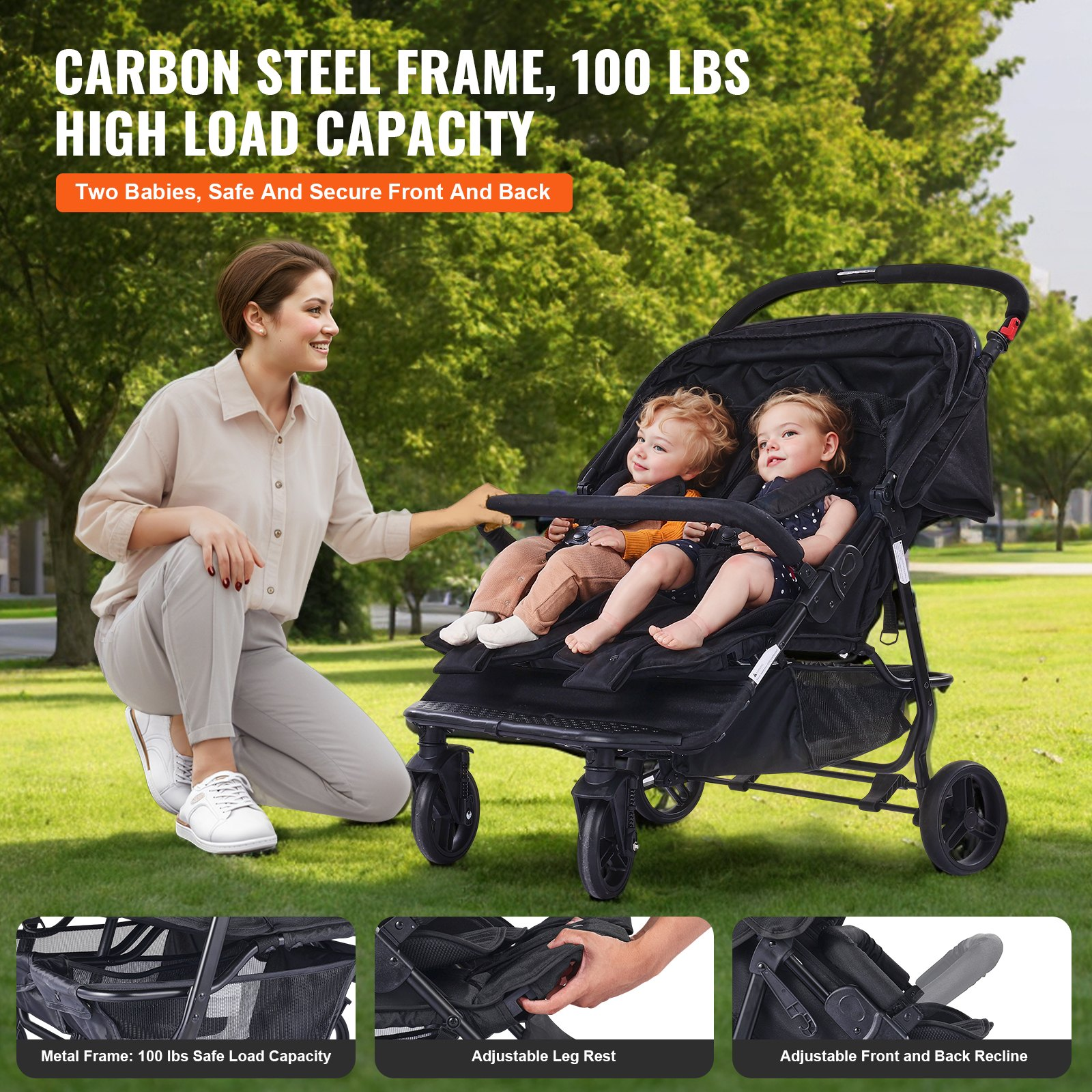 VEVOR Double Stroller - Lightweight, Foldable Side-by-Side Twin Stroller in Blac