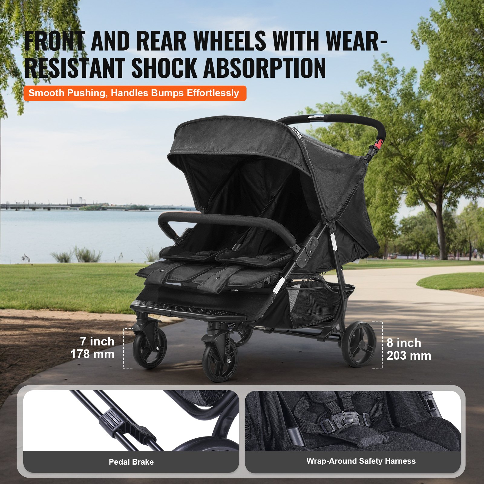 VEVOR Double Stroller - Lightweight, Foldable Side-by-Side Twin Stroller in Blac