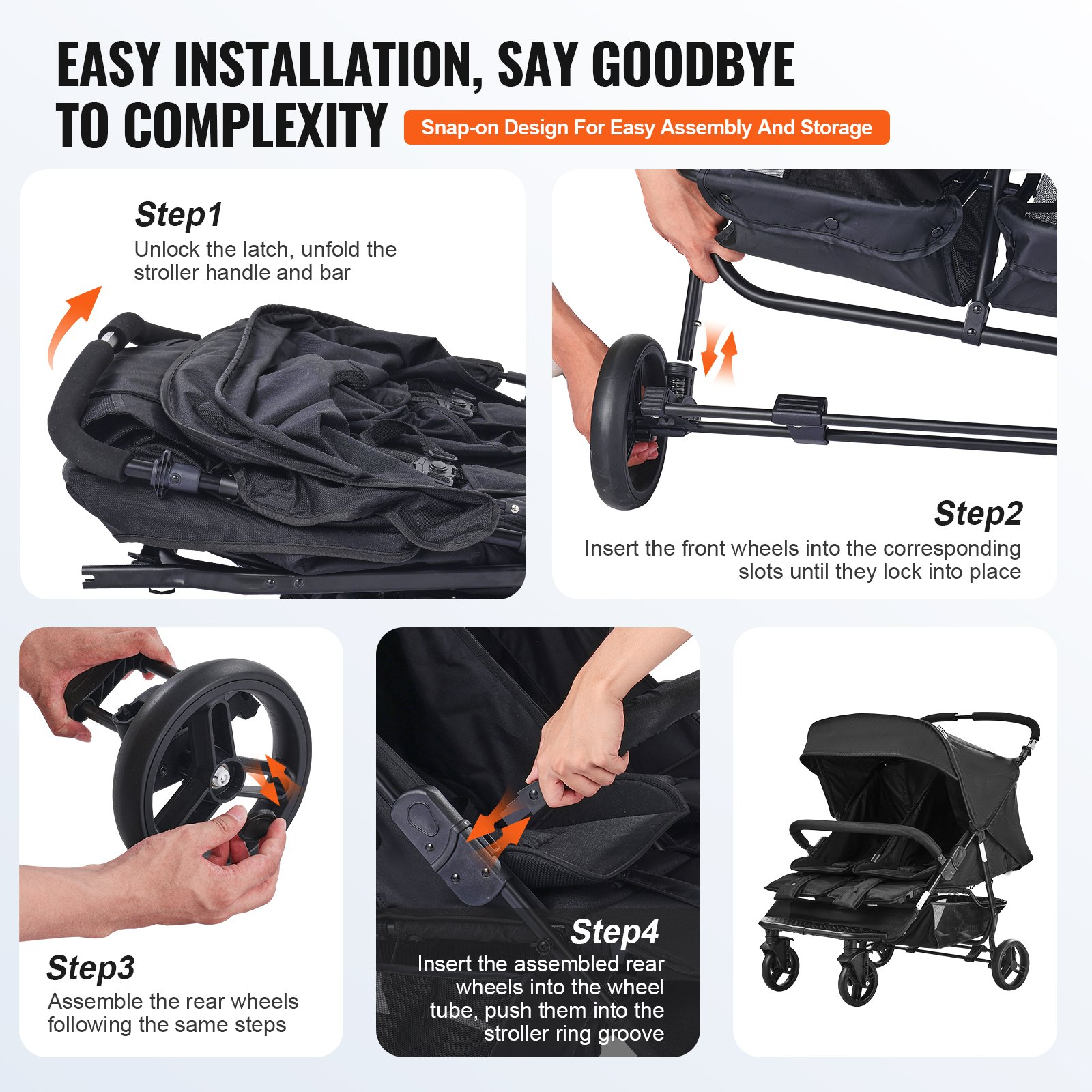 VEVOR Double Stroller - Lightweight, Foldable Side-by-Side Twin Stroller in Blac