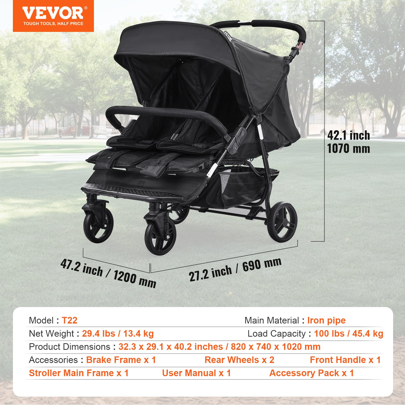 VEVOR Double Stroller - Lightweight, Foldable Side-by-Side Twin Stroller in Blac