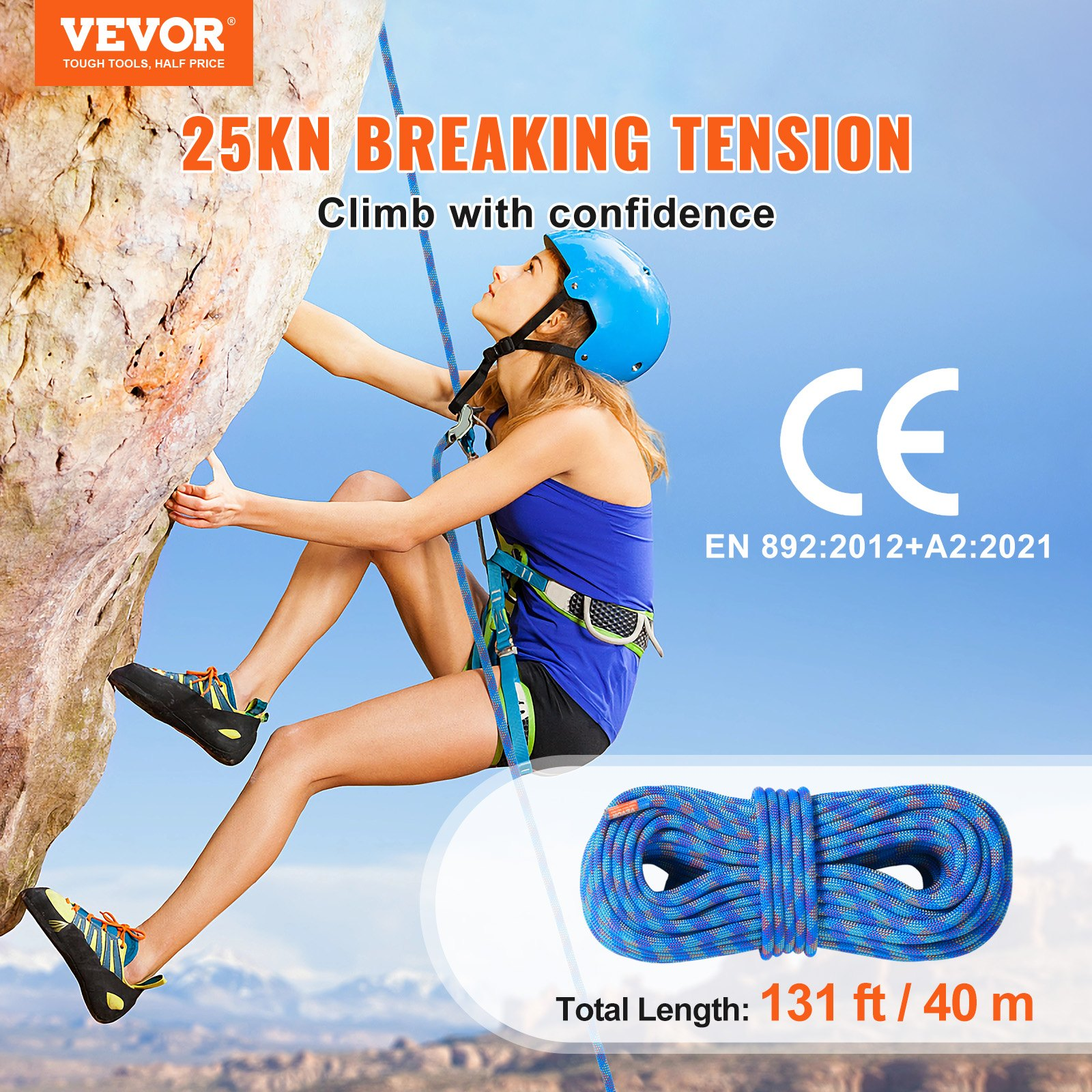 VEVOR 10.2mm Dynamic Climbing Rope, Blue