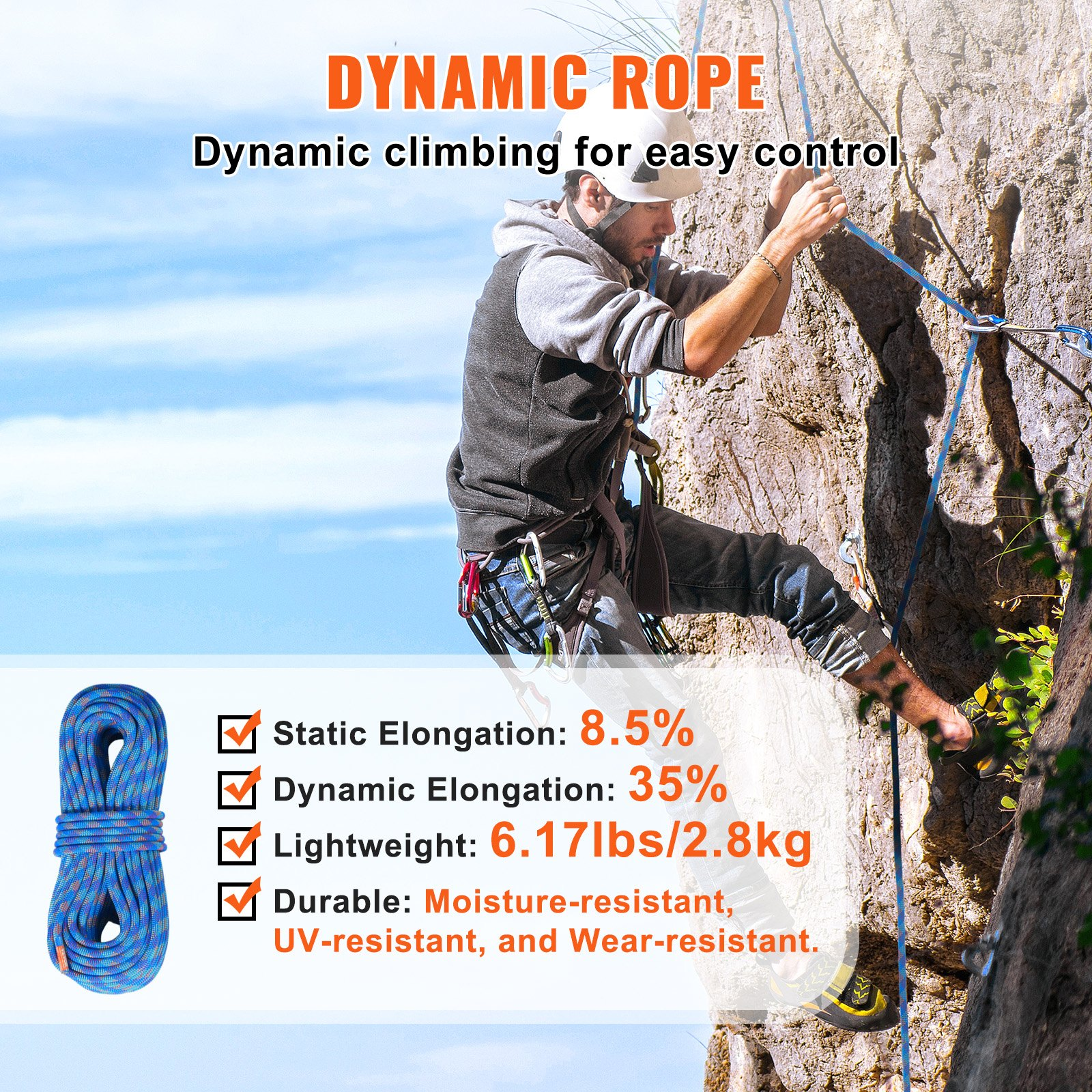 VEVOR 10.2mm Dynamic Climbing Rope, Blue