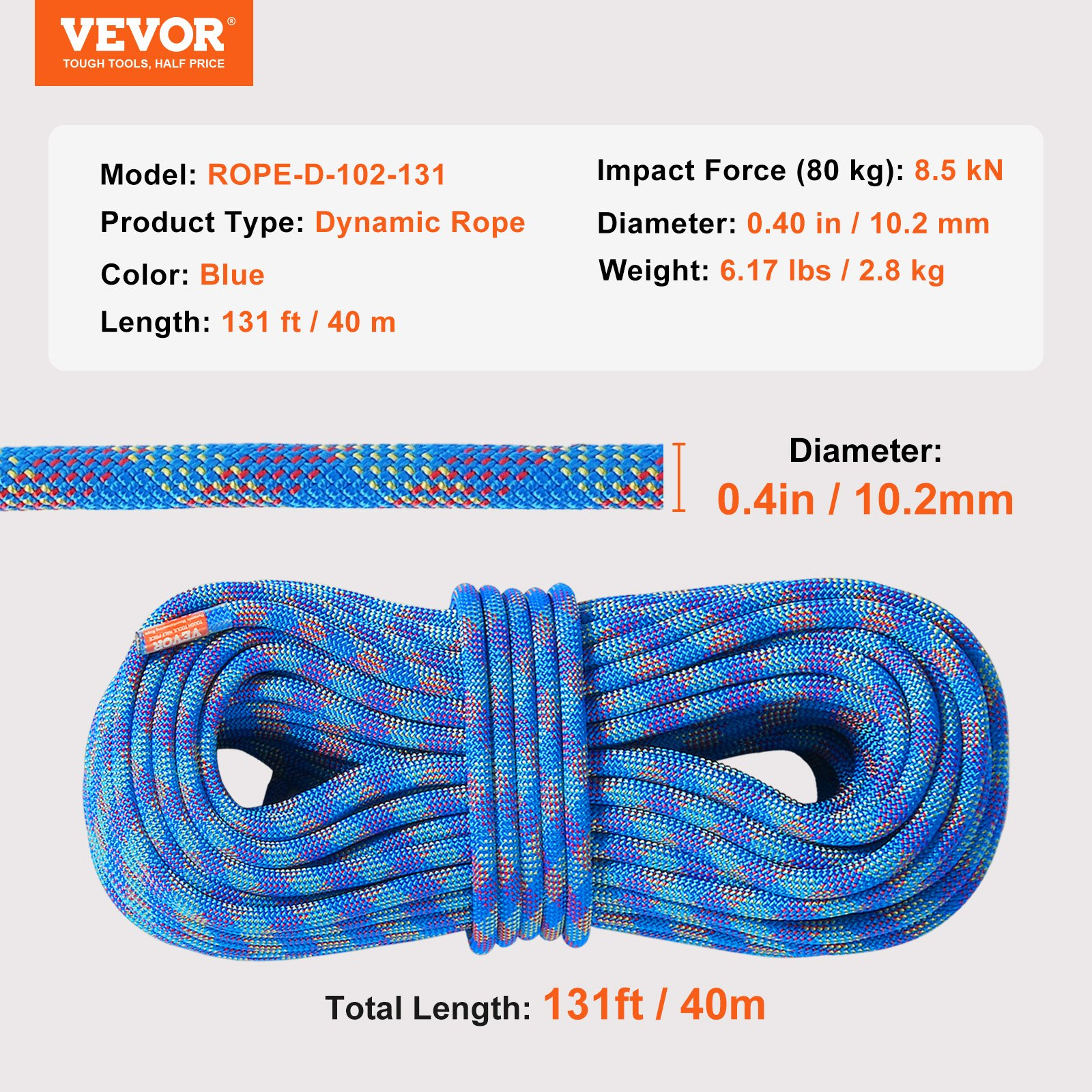 VEVOR 10.2mm Dynamic Climbing Rope, Blue