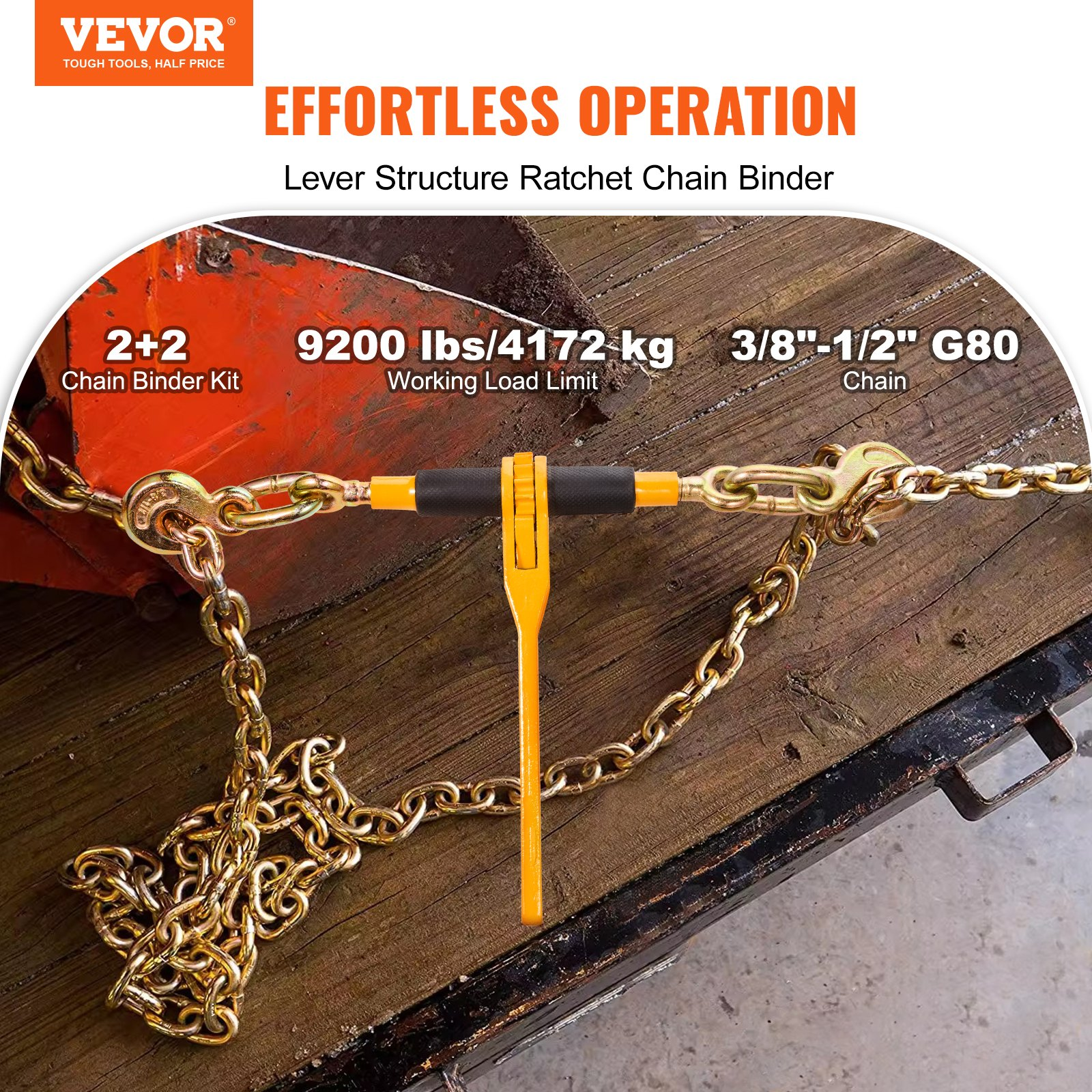 VEVOR Chain and Binder Kit 3/8″-1/2″ Ratchet Load Binder 3/8″ x 10′ Chain 2 Pack