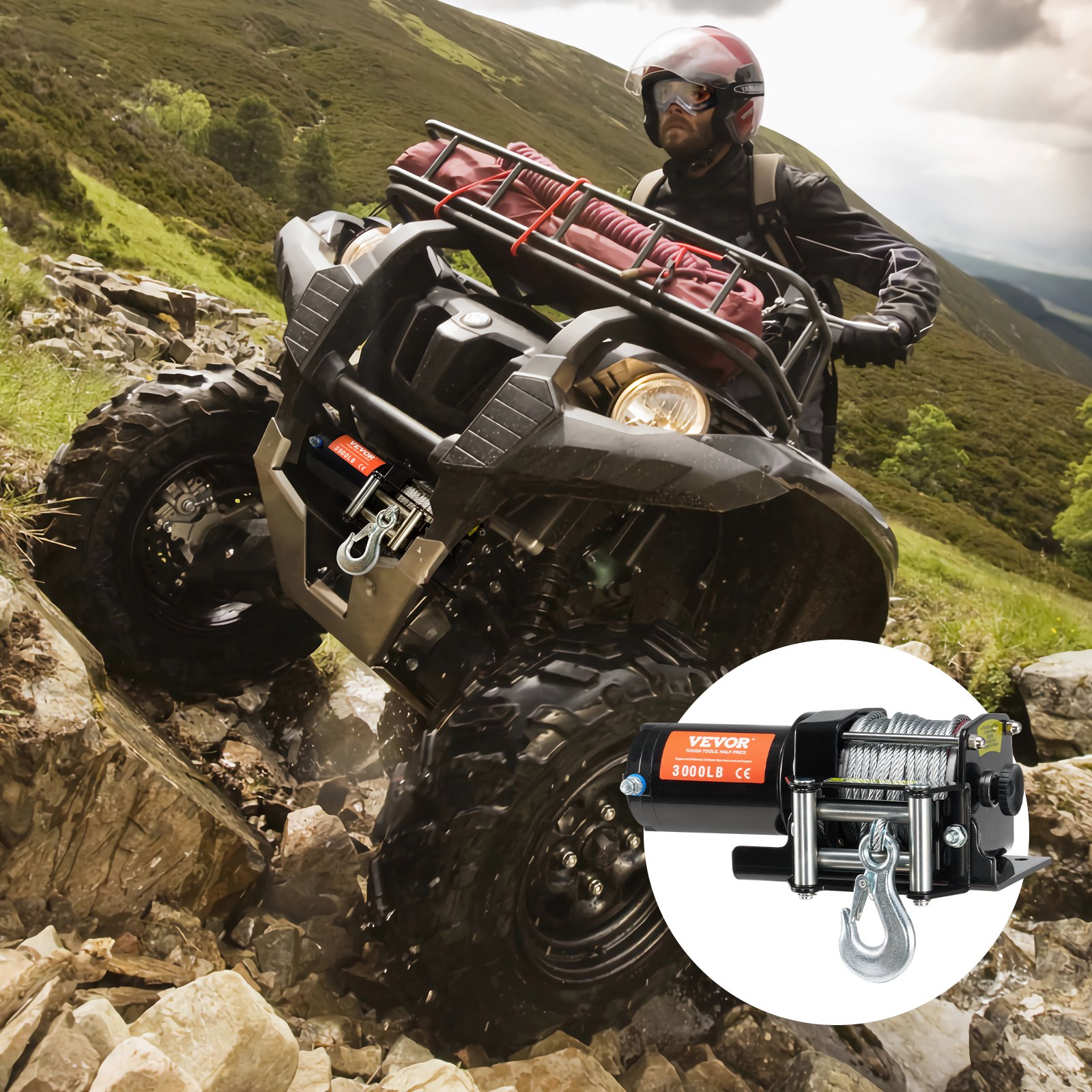 Electric Winch for ATV/UTV | 3000 lb Capacity | IP55 Waterproof | Wired Control 