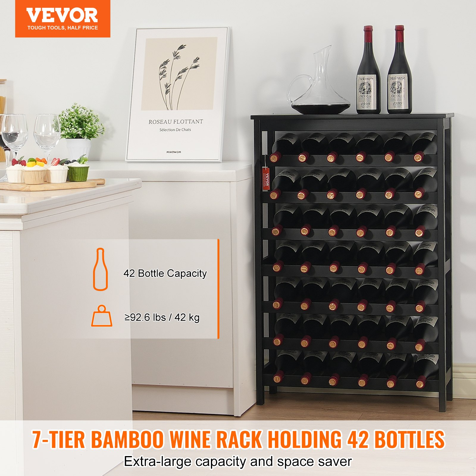 VEVOR 42 Bottle 7-Tier Modular Wine Rack Bamboo Wood Display Shelf