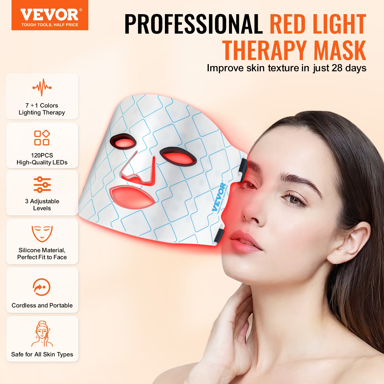 Máscara de terapia de luz roja VEVOR 7 colores LED máscara facial terapia de luz con 850 nm NIR - Imagen 1 de 10