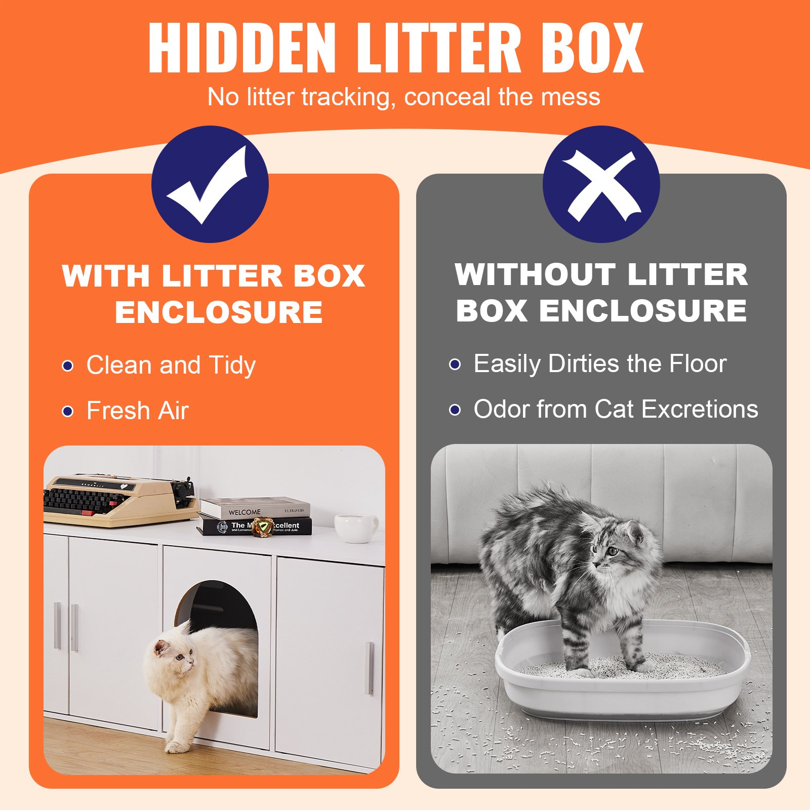 Cat Litter Box Enclosure for 2 Cats, White