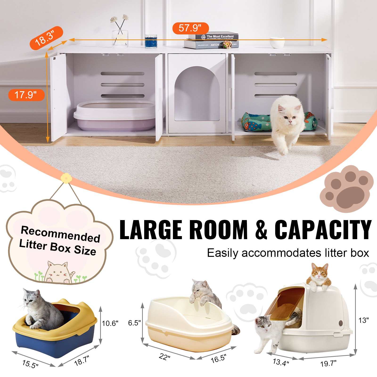 Cat Litter Box Enclosure for 2 Cats, White