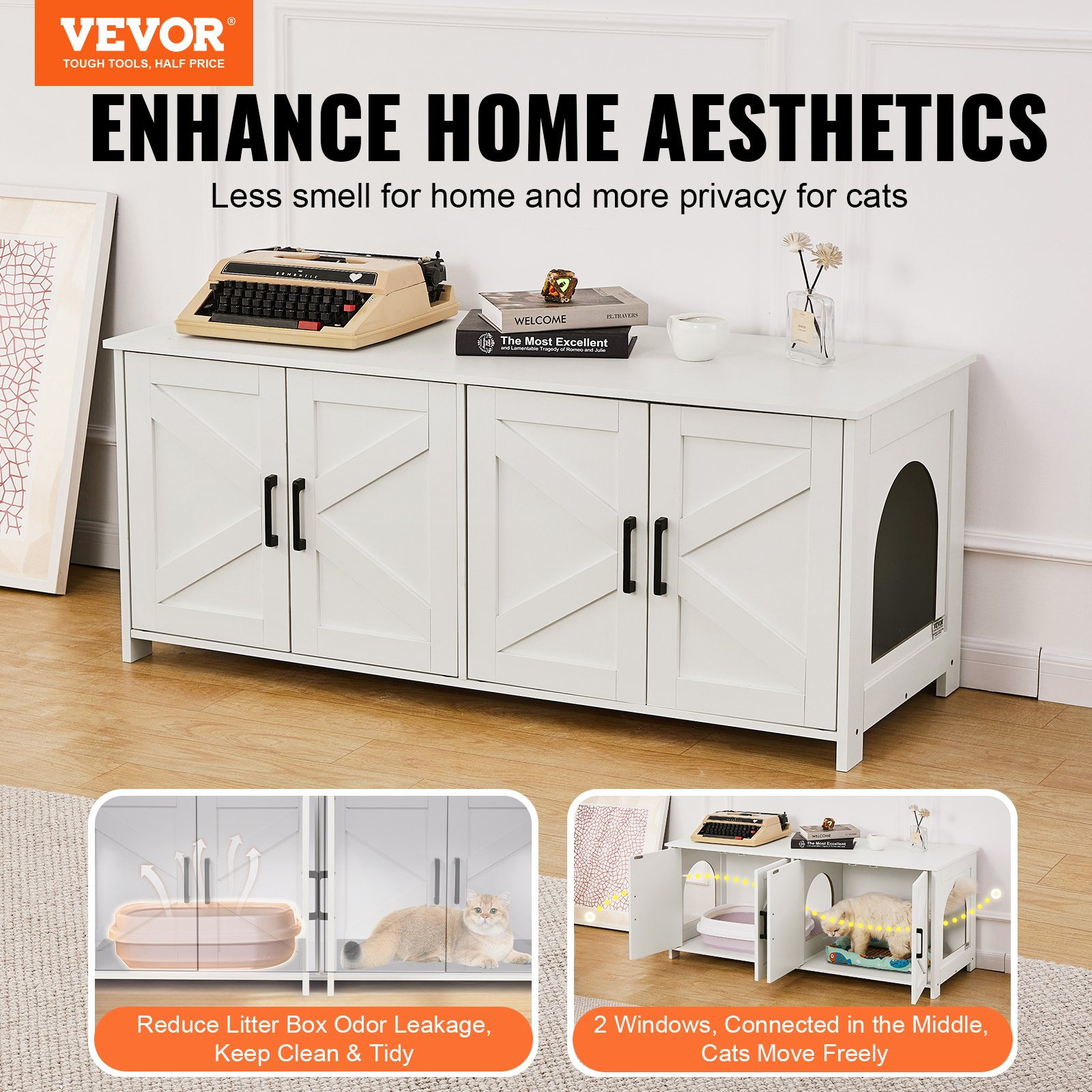 Cat Litter Box Enclosure for 2 Cats, White
