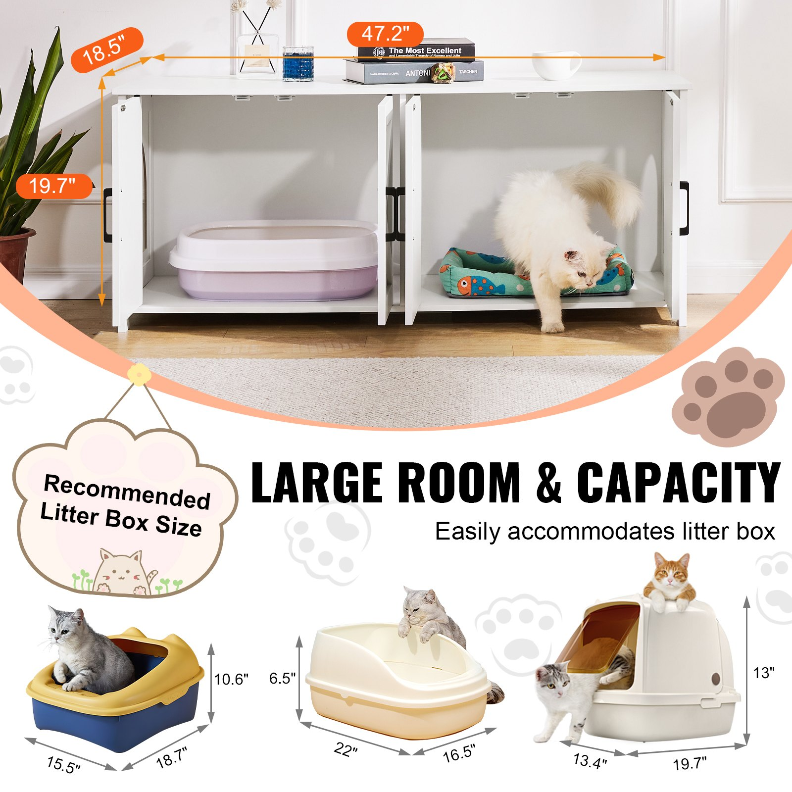 Cat Litter Box Enclosure for 2 Cats, White