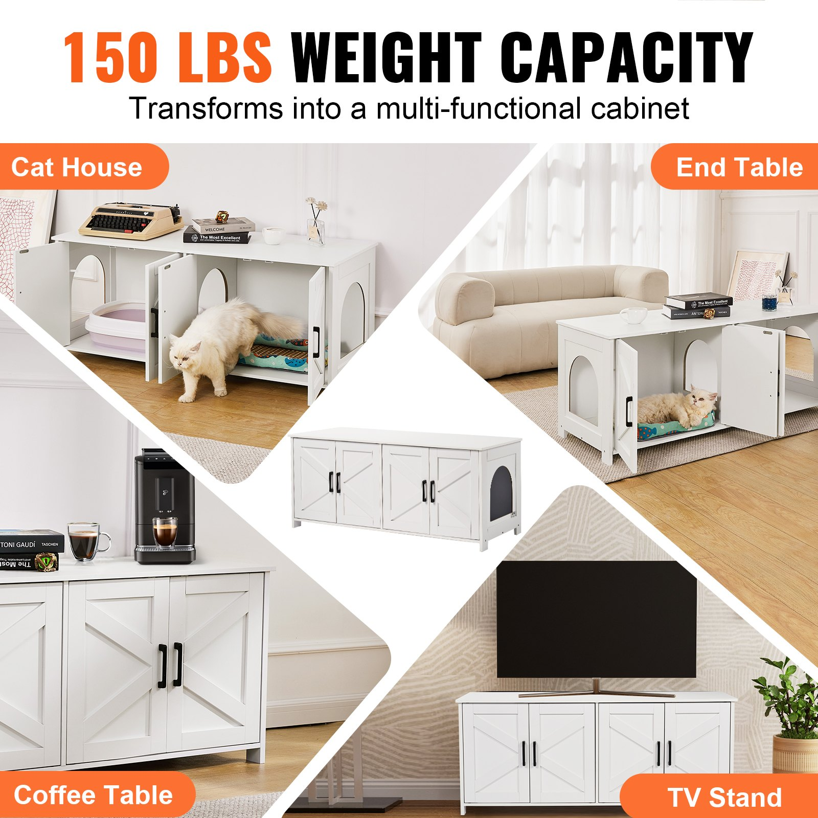 Cat Litter Box Enclosure for 2 Cats, White