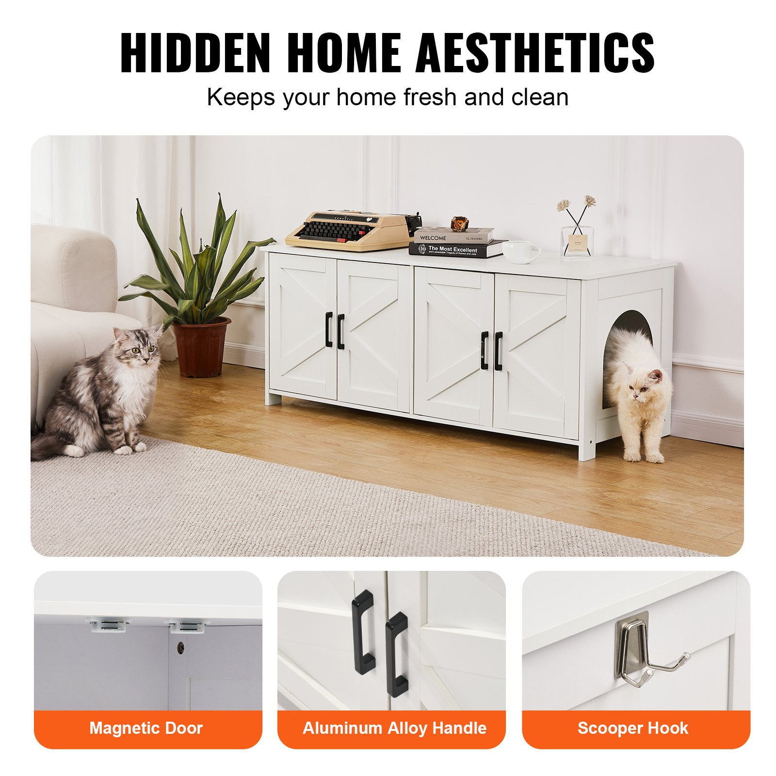 Cat Litter Box Enclosure for 2 Cats, White