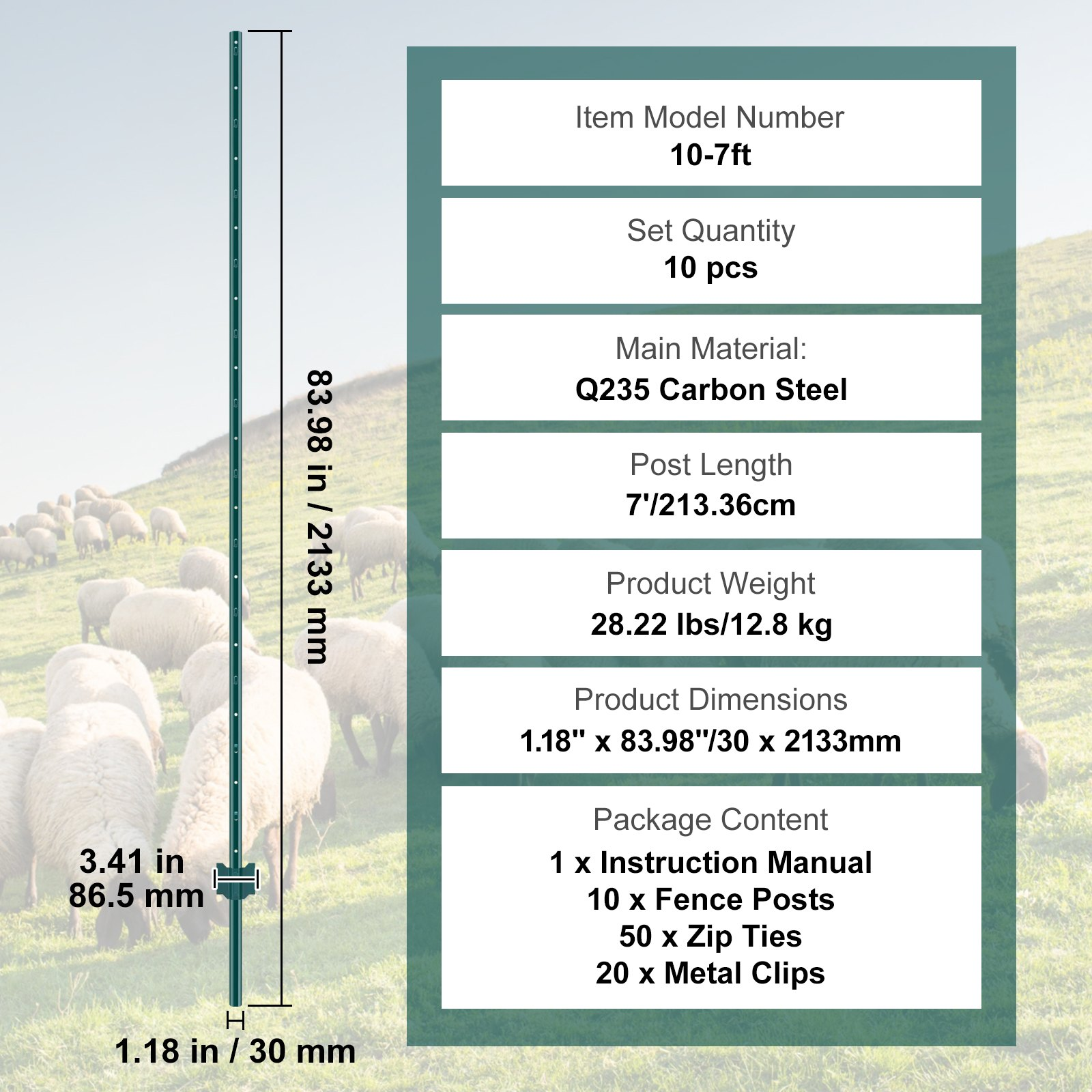 VEVOR 7 Feet Fence Post 10 Pack T-Post Heavy Duty Metal Fence Posts Green - Foto 6 di 10