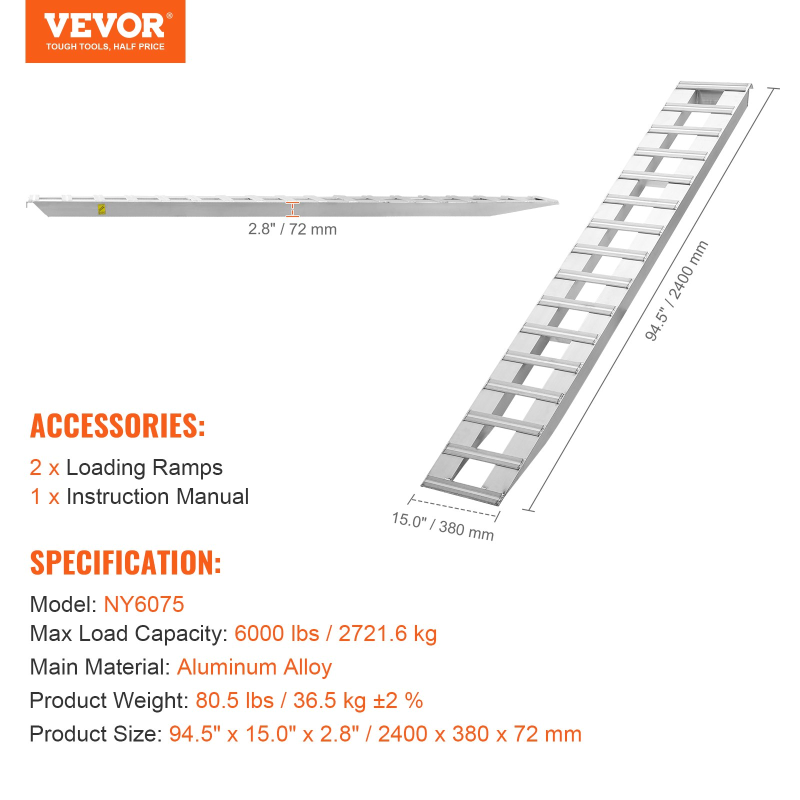 94" x 15" Aluminum Ramps 6000 LBS Capacity Loading Ramps 2PCS