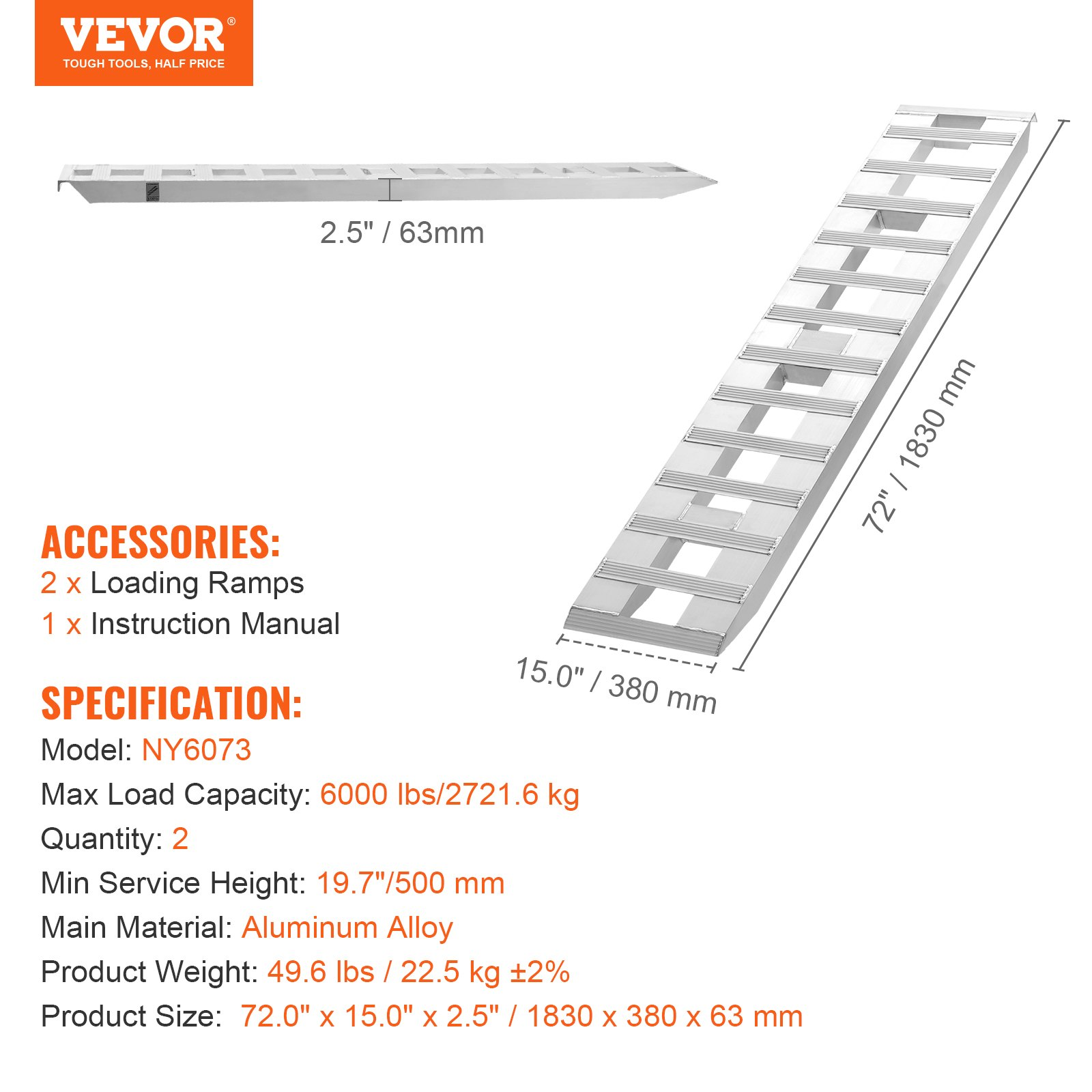 72" x 15" Aluminum Ramps 6000 LBS Capacity Loading Ramps 2PCS