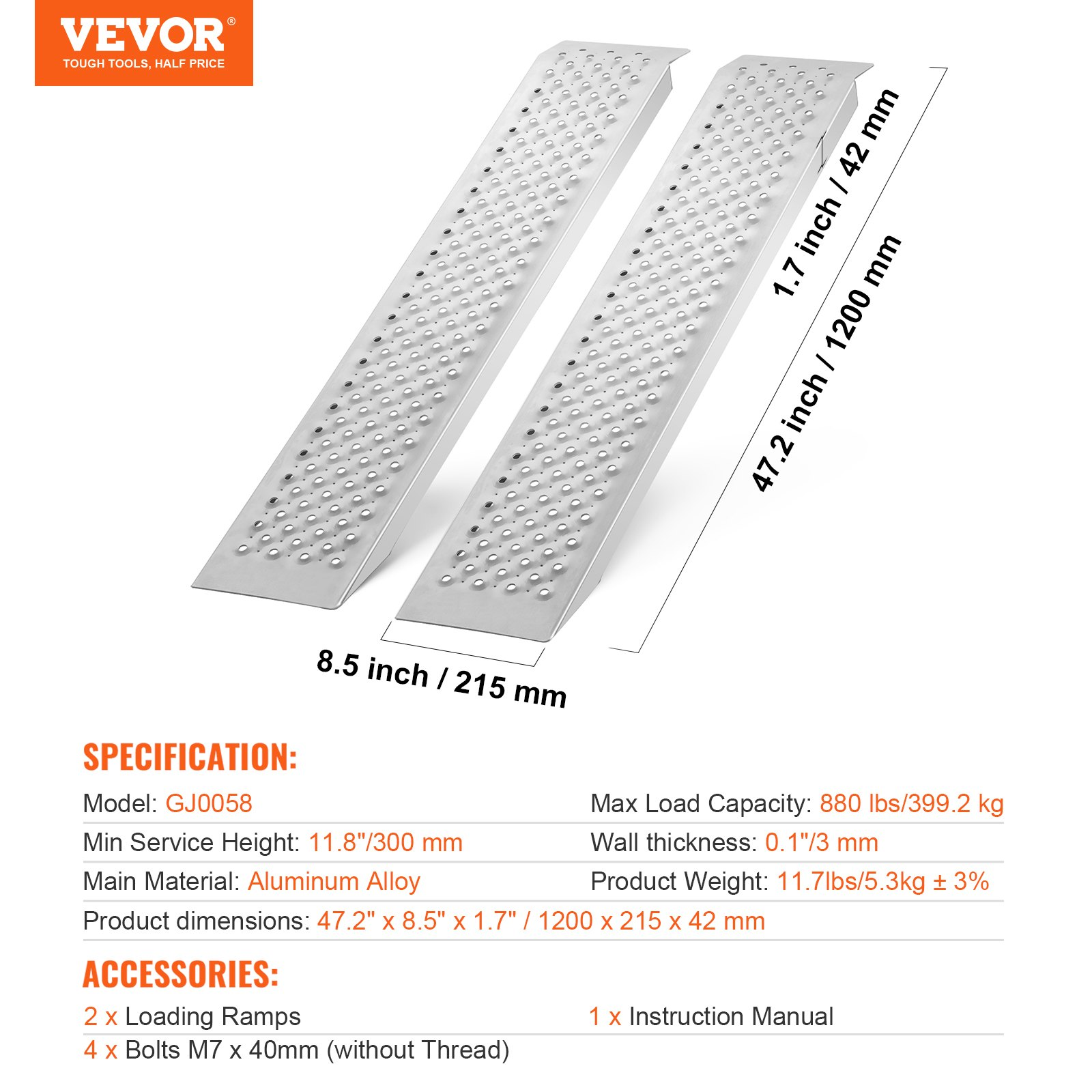 47.2" x 8.5" Aluminum Loading Ramps - Set of 2 - 880 LBS Capacity, Heavy-Duty, A