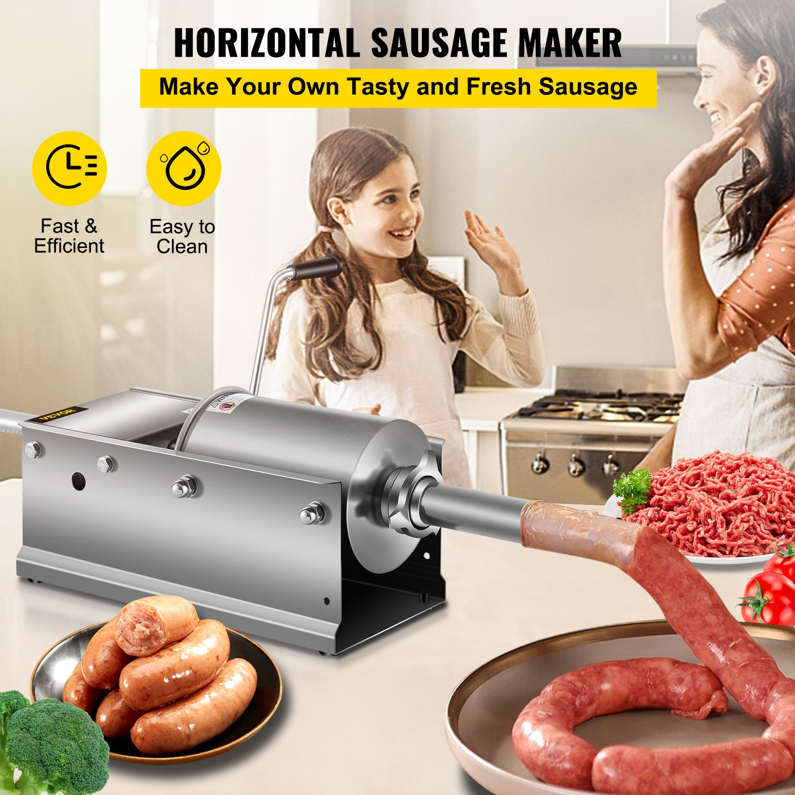 Horizontal Sausage Stuffer 3L/ 7Lbs Manual Sausage Maker With 5 Filling Nozzles