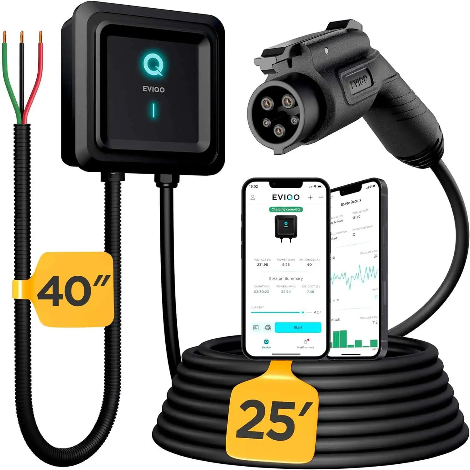 EVIQO Level 2 EV Charger - 240V, 48 AMP Hardwire Charging Station with 25' Cable