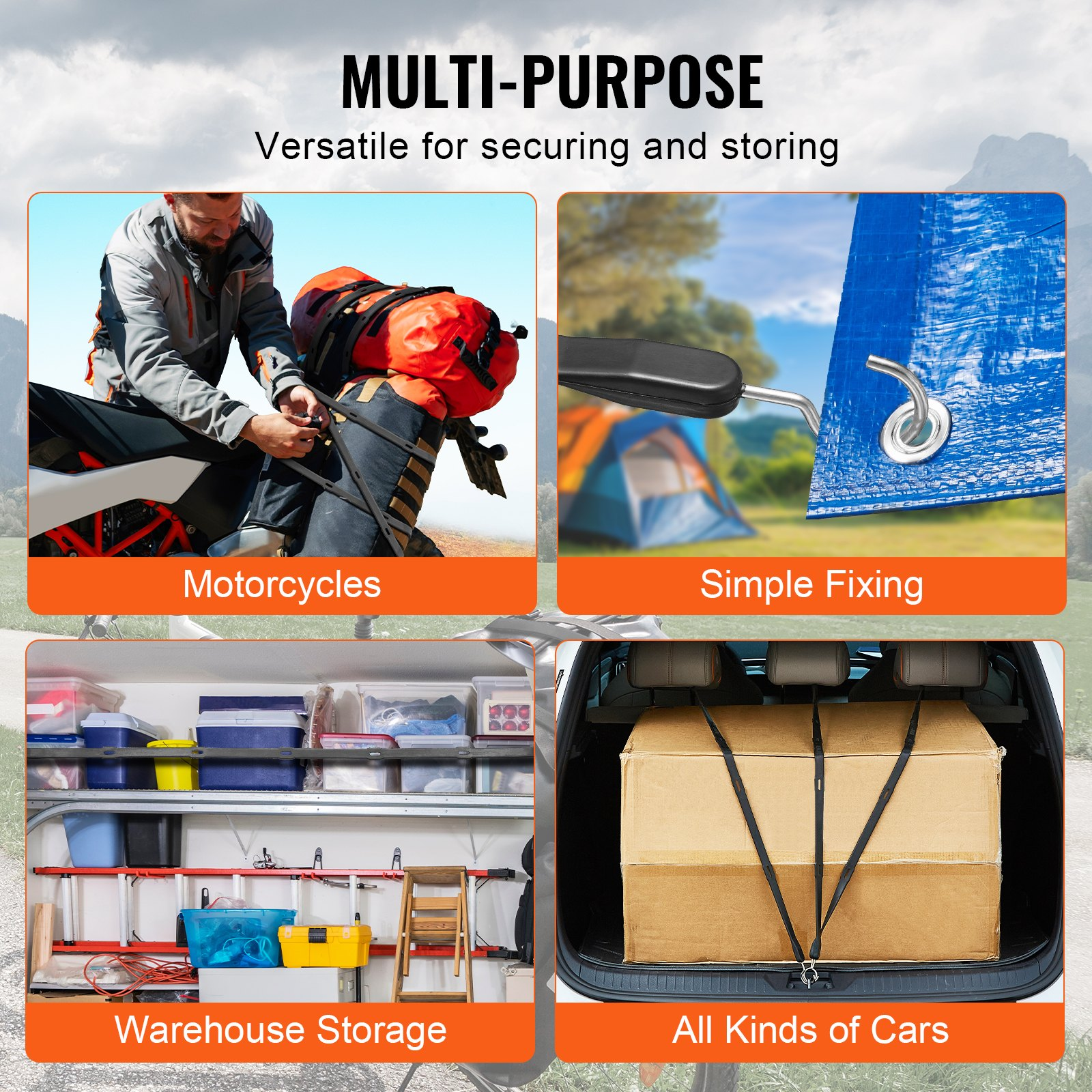 4 Piece Flat Bungee Cord, Black