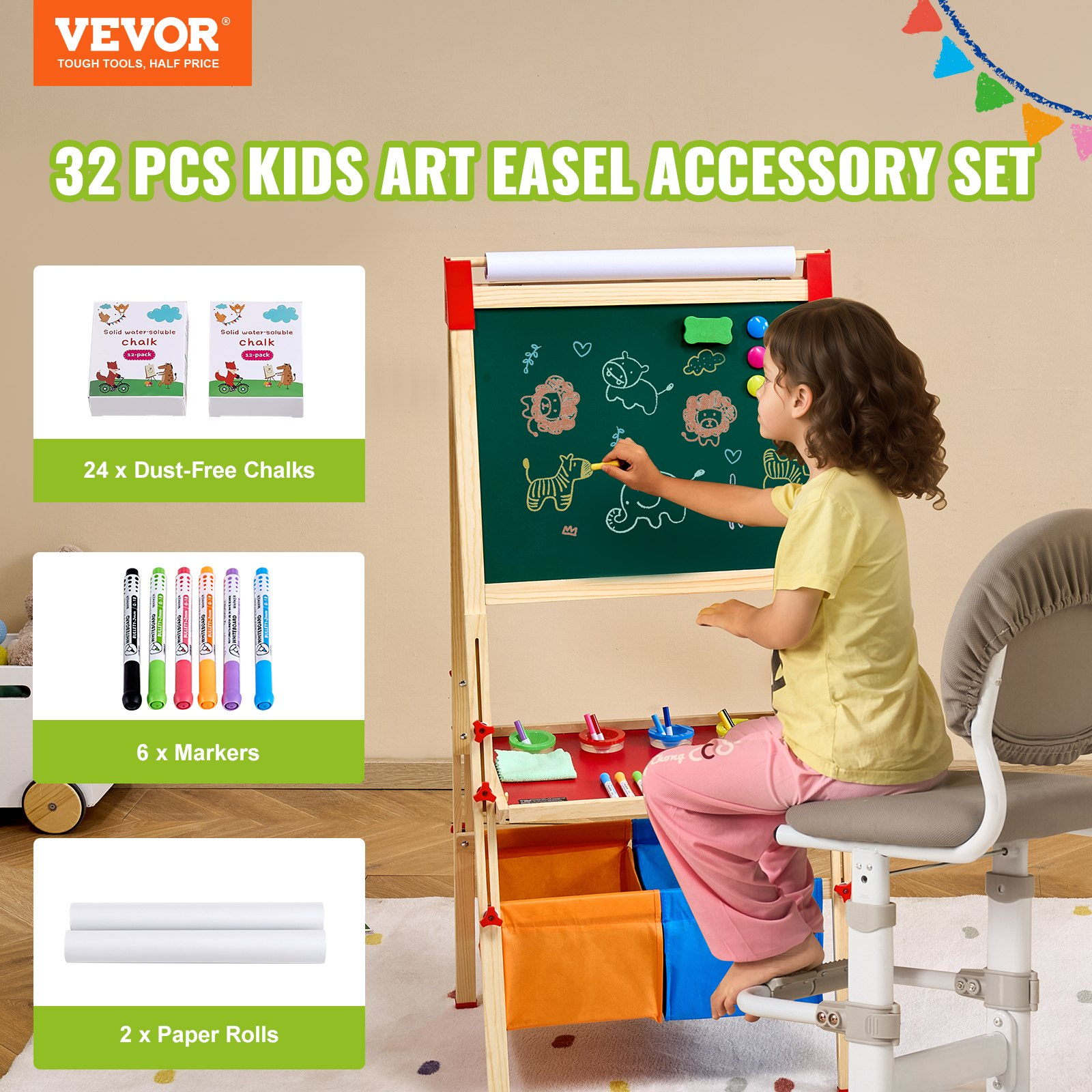3 Easel Accessory Set Chalk & Markers & Paper Rolls 32PCS for Standing Easel