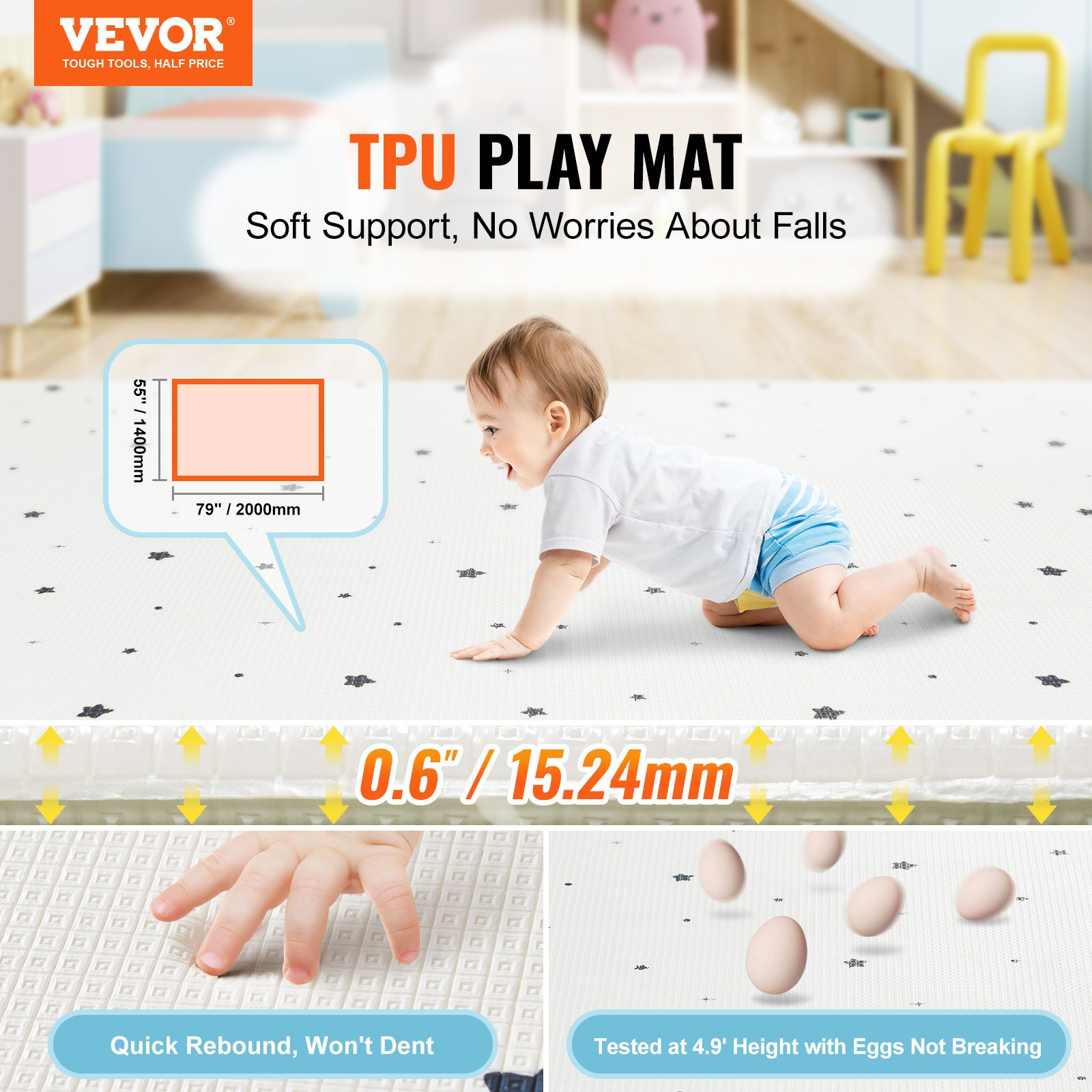 VEVOR 55″x79″ Baby Play Mat Kids Crawling Soft Activity Floor Playmat 2 Side