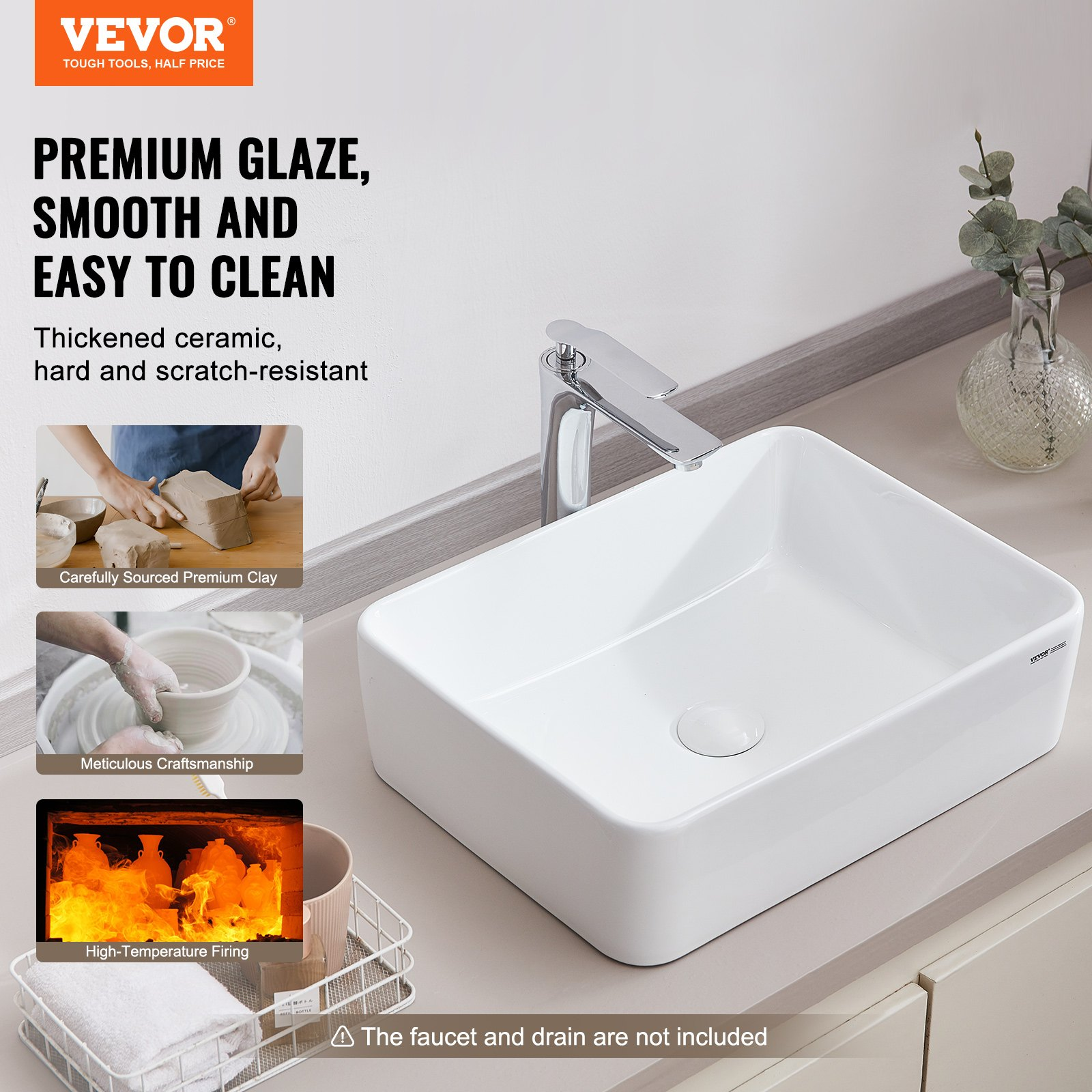 VEVOR Modern Ceramic Vessel Sink 19″x14.7″ Bathroom Vanity Bowl Countertop White