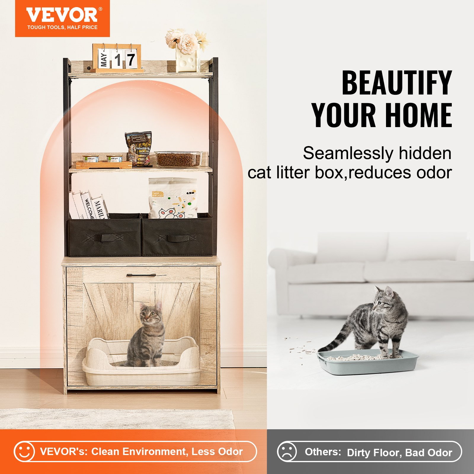 VEVOR Cat Litter Box Enclosure Litter Box Furniture Hidden 2 Shelves & 2 Baskets - Picture 1 of 10