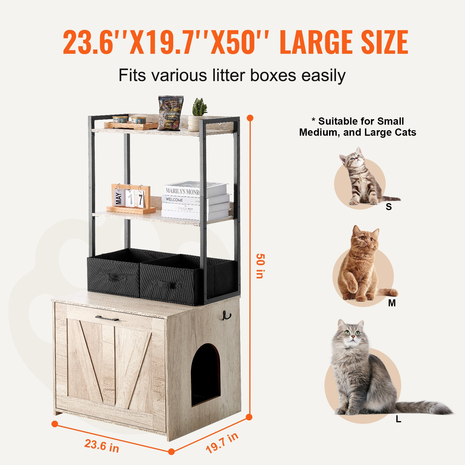 VEVOR Cat Litter Box Enclosure Litter Box Furniture Hidden 2 Shelves & 2 Baskets - Picture 2 of 10