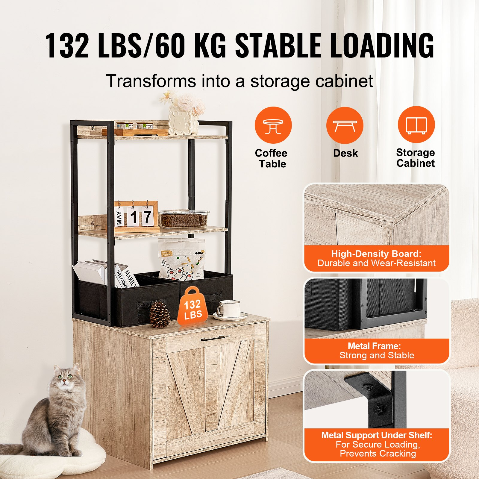 VEVOR Cat Litter Box Enclosure Litter Box Furniture Hidden 2 Shelves & 2 Baskets - Picture 3 of 10