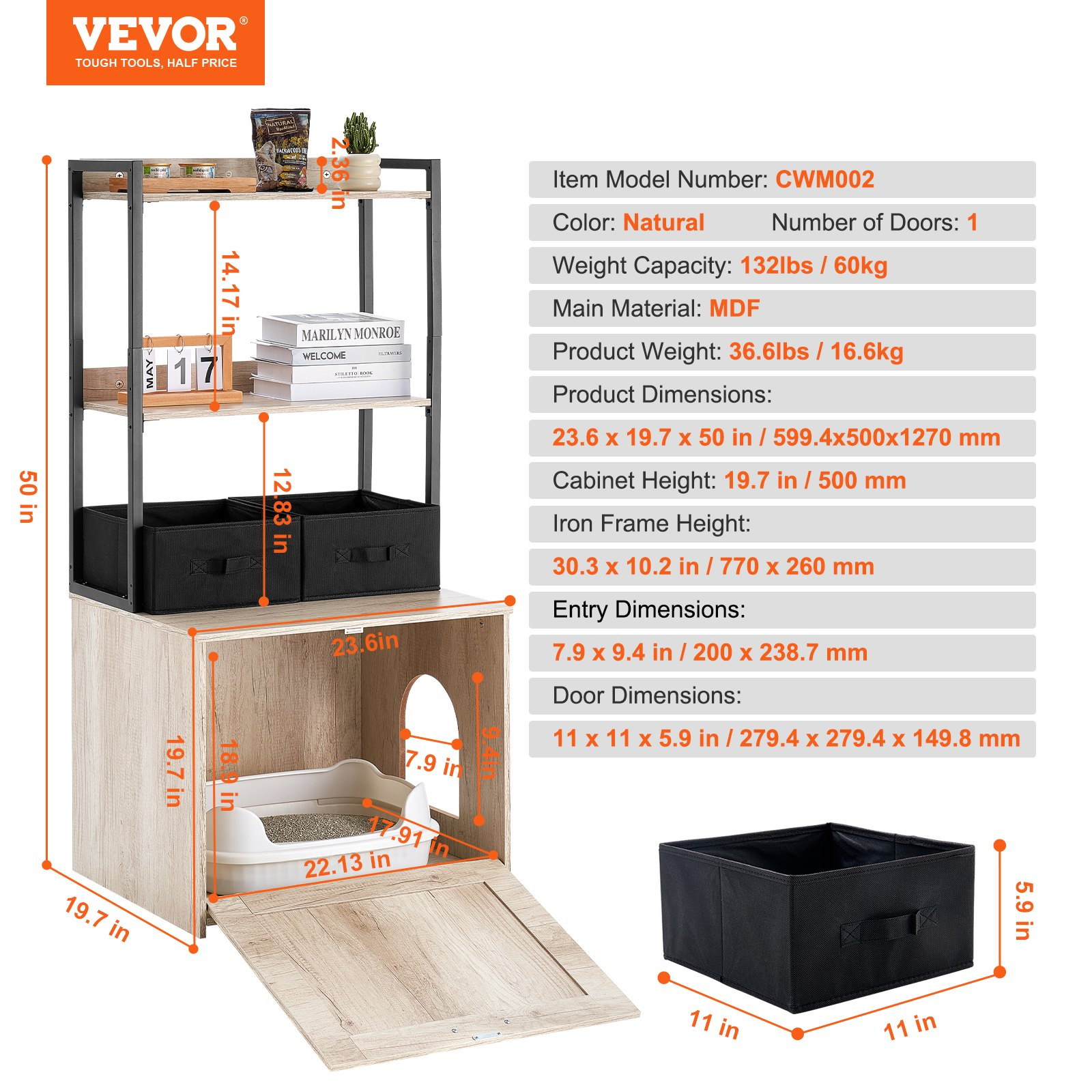 VEVOR Cat Litter Box Enclosure Litter Box Furniture Hidden 2 Shelves & 2 Baskets - Picture 6 of 10