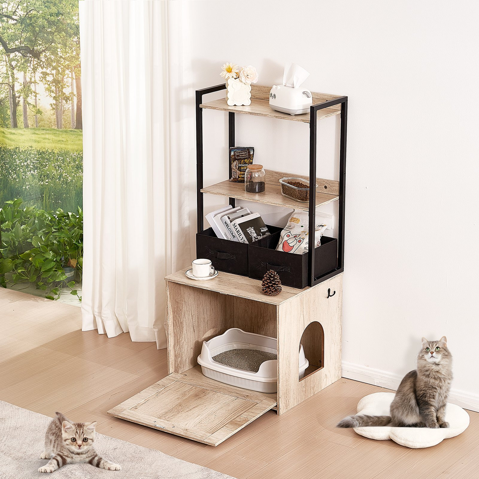 VEVOR Cat Litter Box Enclosure Litter Box Furniture Hidden 2 Shelves & 2 Baskets - Picture 7 of 10