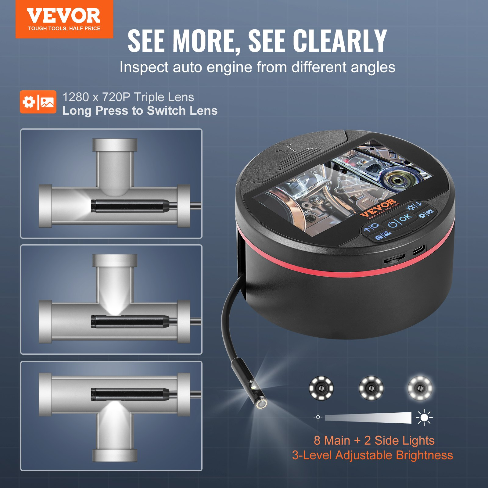 VEVOR Borescope Triple Lens Endoscope Camera with 4.3" IPS Screen 8 + 2 Lights - Picture 1 of 10