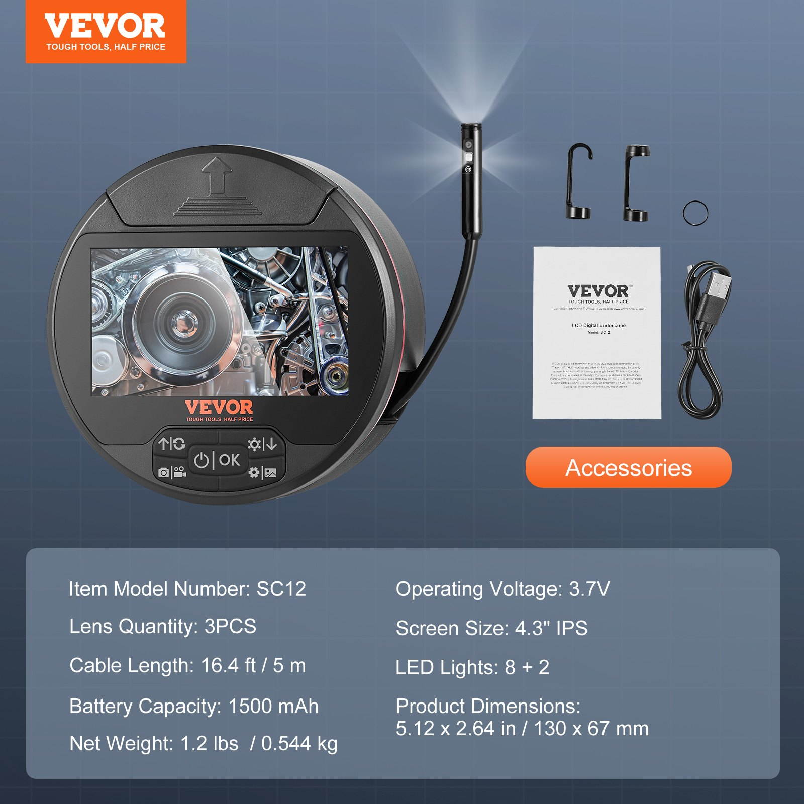 VEVOR Borescope Triple Lens Endoscope Camera with 4.3" IPS Screen 8 + 2 Lights - Picture 6 of 10