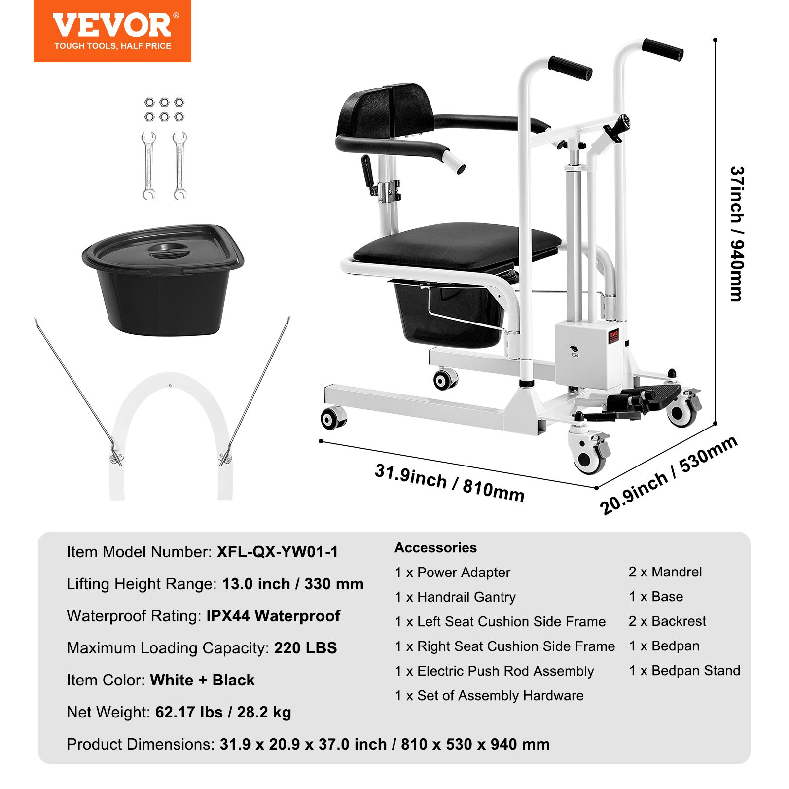 VEVOR Electric Patient Lift Chair Patient Transfer Wheelchair & 180° Split Seat - Picture 6 of 10