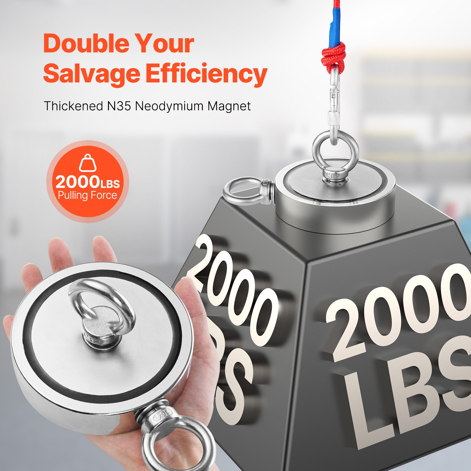 2000 Pfund starkes Angeln Magnet Kit doppelseitige Zugkraft und Seil Karabiner - Bild 1 von 10