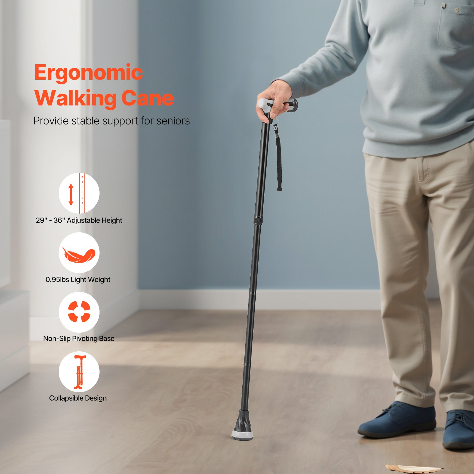 Bastón Plegable Bastón con Altura Ajustable de 8 Niveles y Punta Pivotante - Imagen 1 de 10