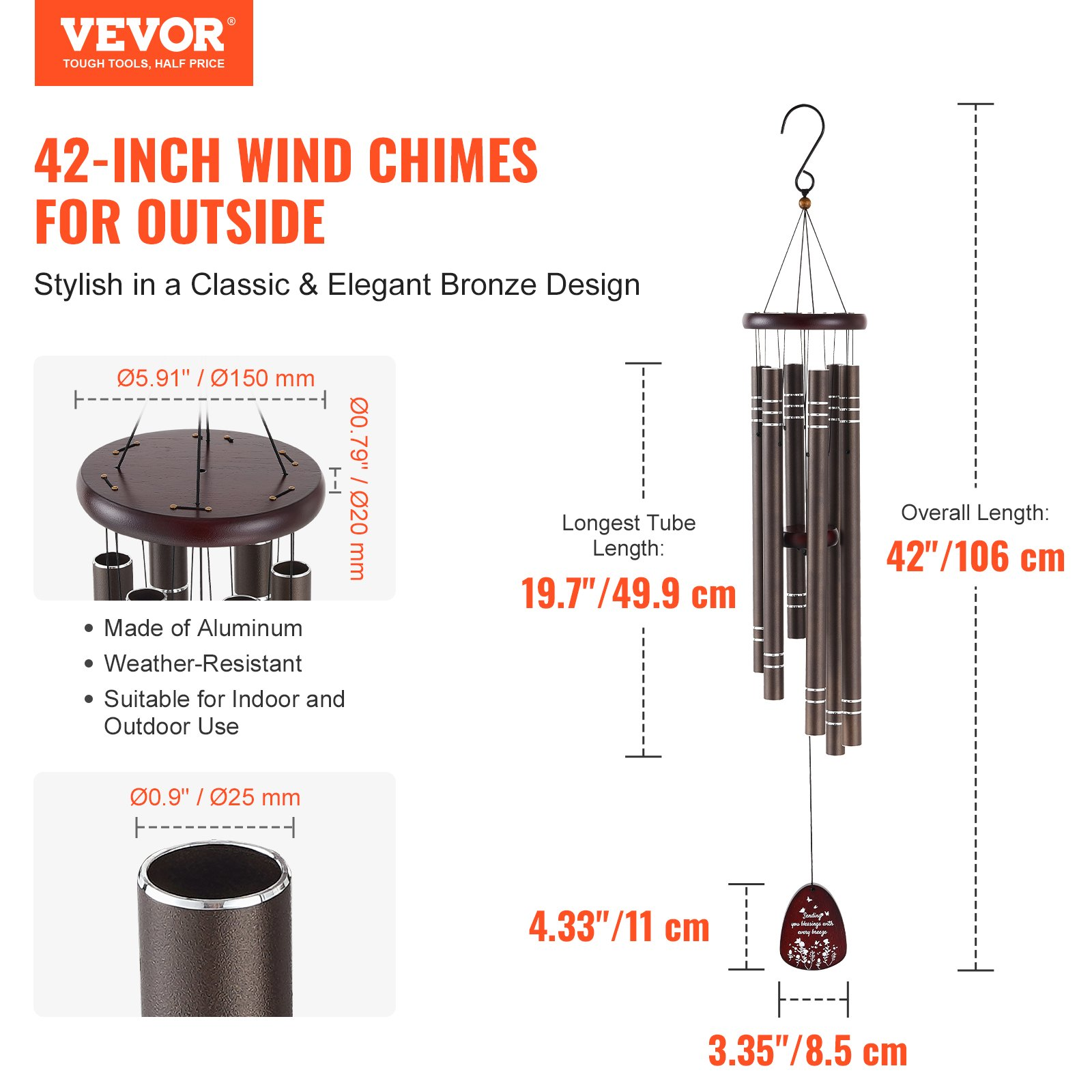 VEVOR Wind Chimes for Outside 42-Inch Aluminum Memorial Deep Tone Wind Chimes - Picture 1 of 10