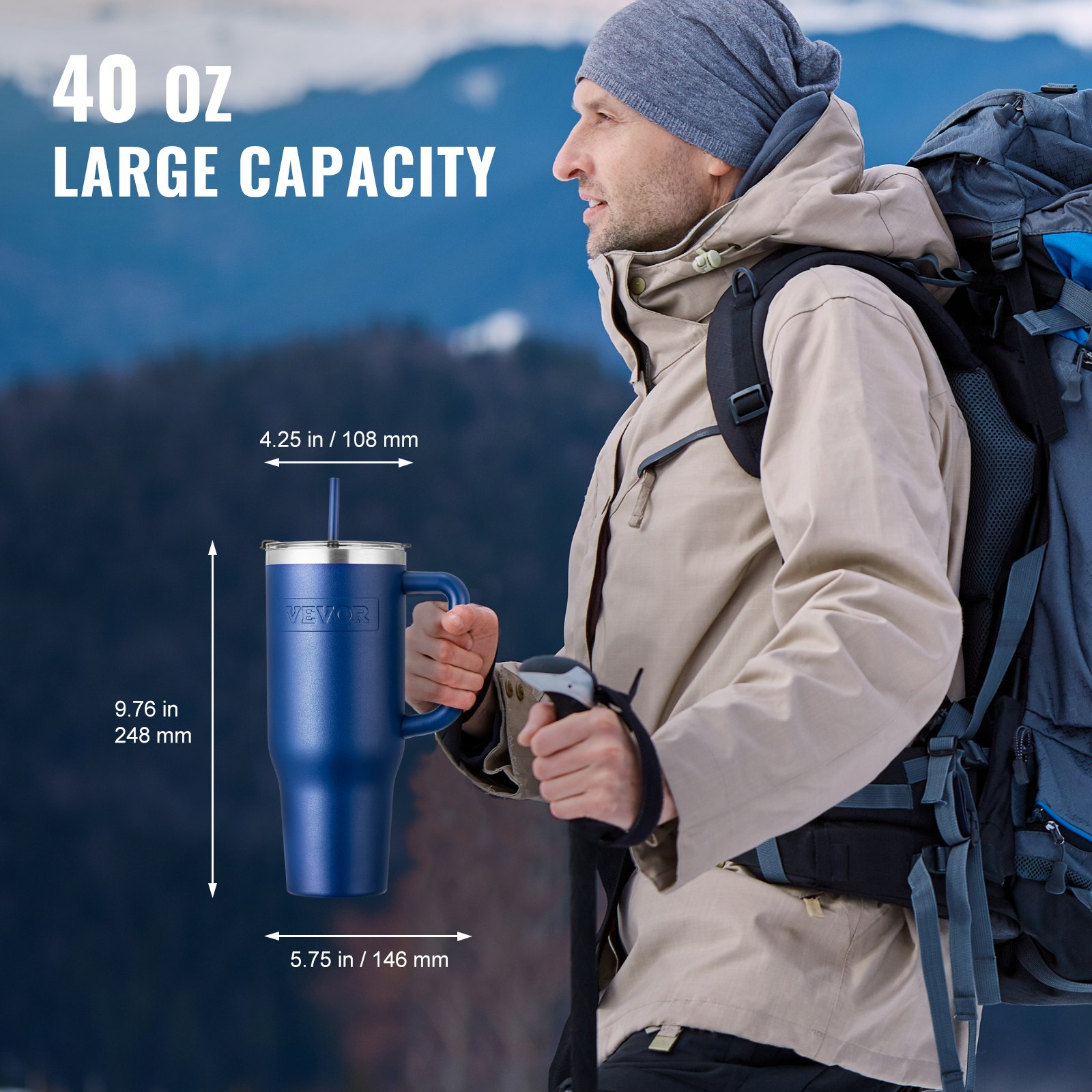 40 oz Insulated Water Bottle Stainless Steel Coffee Cup Handheld Blue - Picture 3 of 10