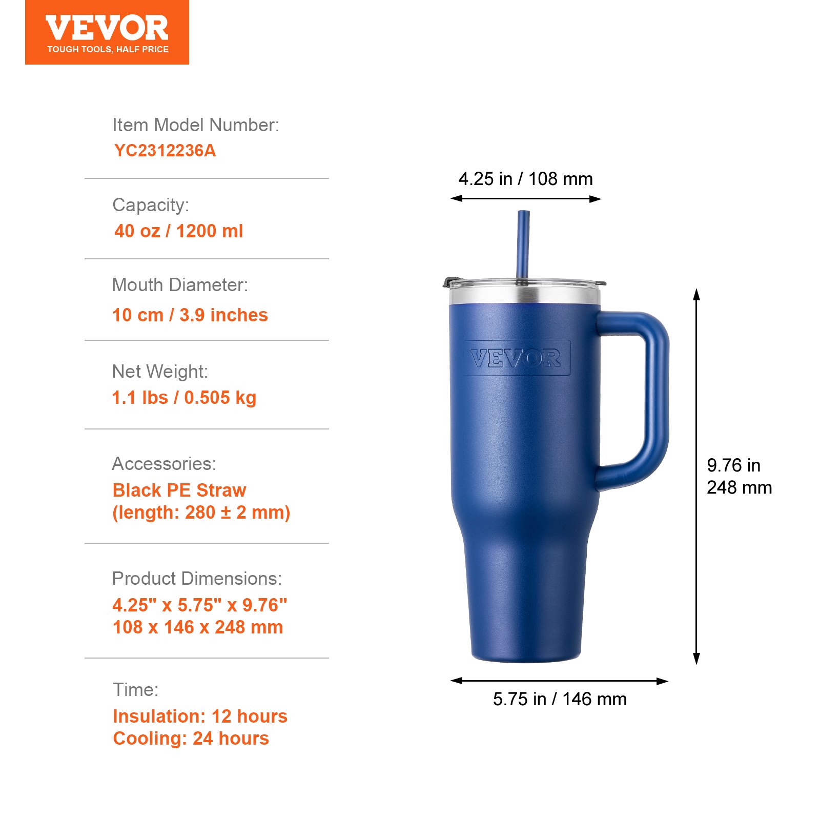 40 oz Insulated Water Bottle Stainless Steel Coffee Cup Handheld Blue - Picture 6 of 10