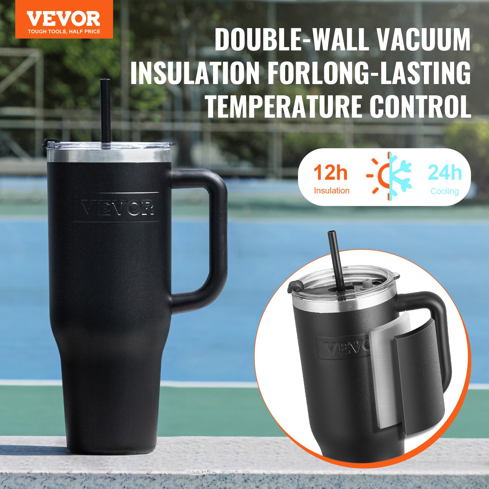 40oz Insulated Water Bottle Stainless Steel Travel Mug w/ Lid Handle Black