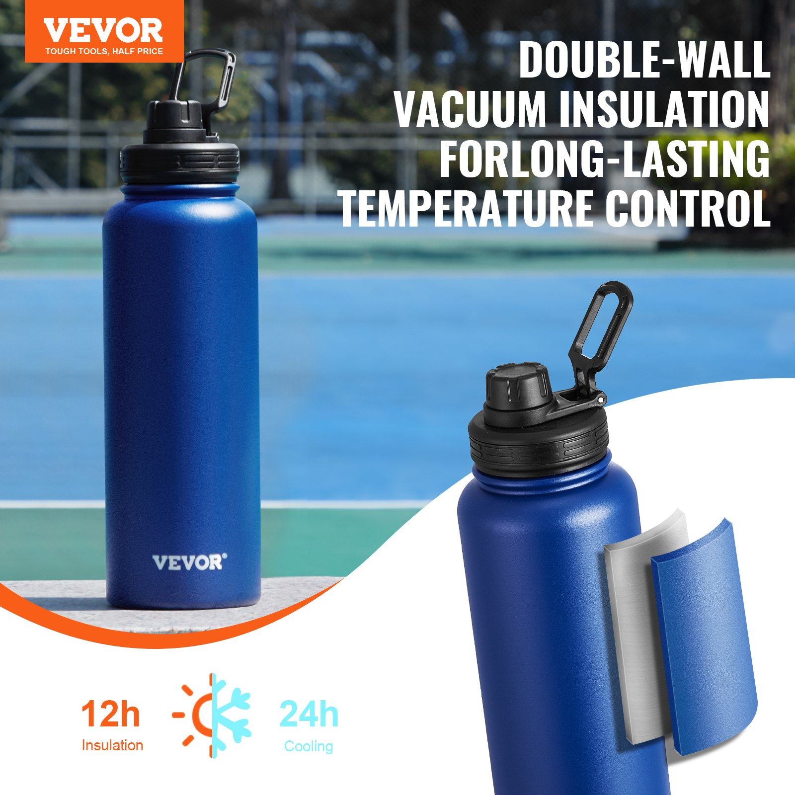 Insulated Water Bottle 40oz – Stainless Steel, Wide Mouth, Leak-Proof Lid