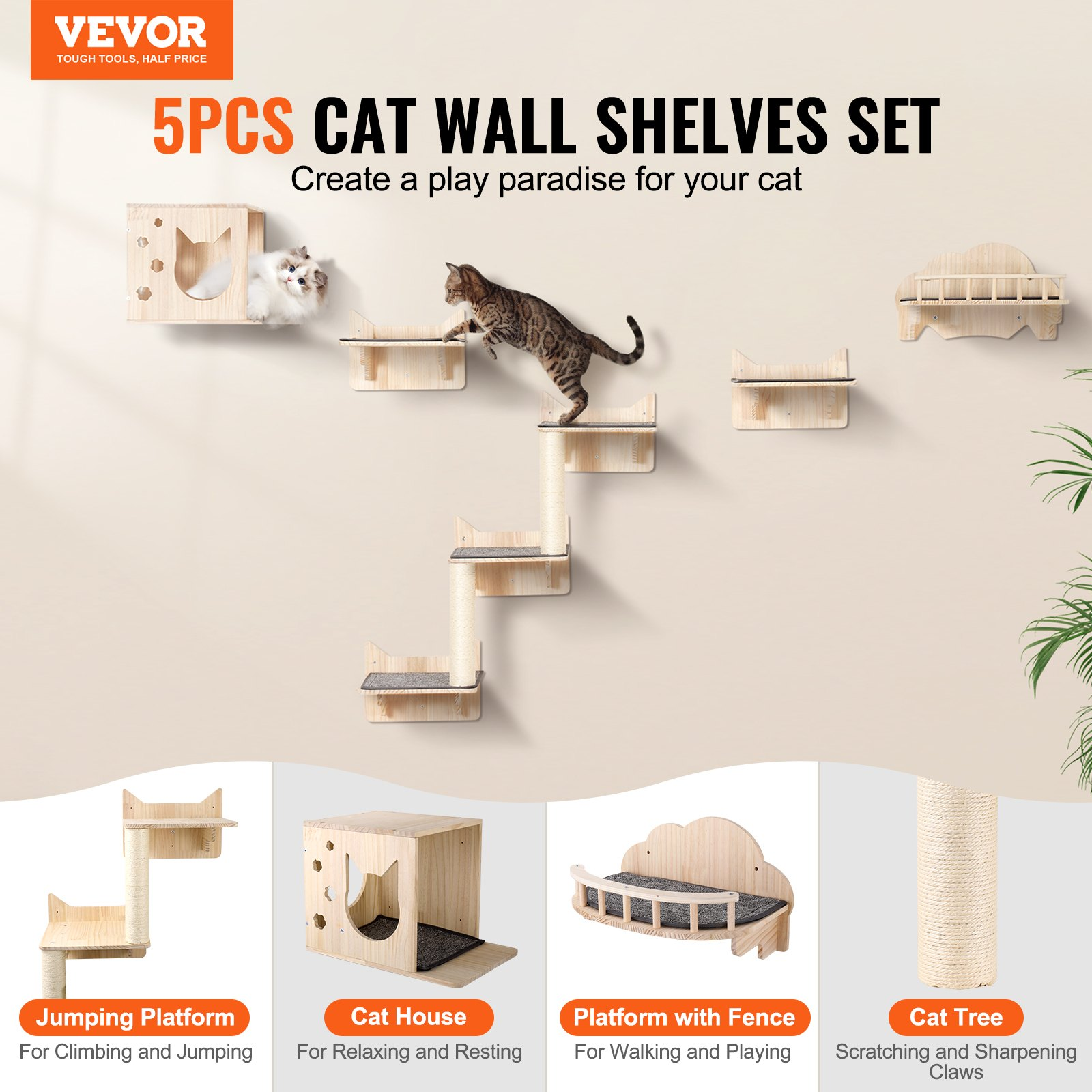 Wall Mounted Cat Shelves, Set of 5