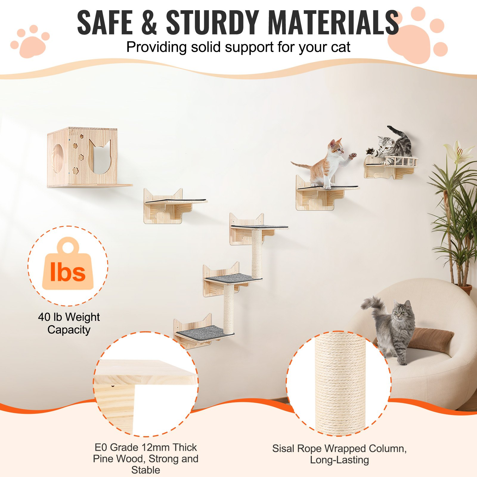 Wall Mounted Cat Shelves, Set of 5